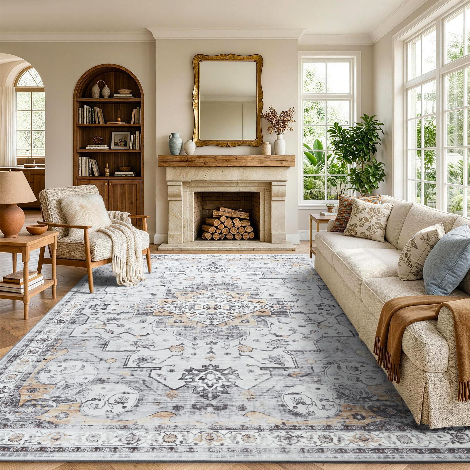 8x10 Large Washable Area Rug Non-Slip, Soft Low-Pile Modern Print Carpet for Living Room Bedroom Dining Room,Indoor Floor, Yellow and Grey