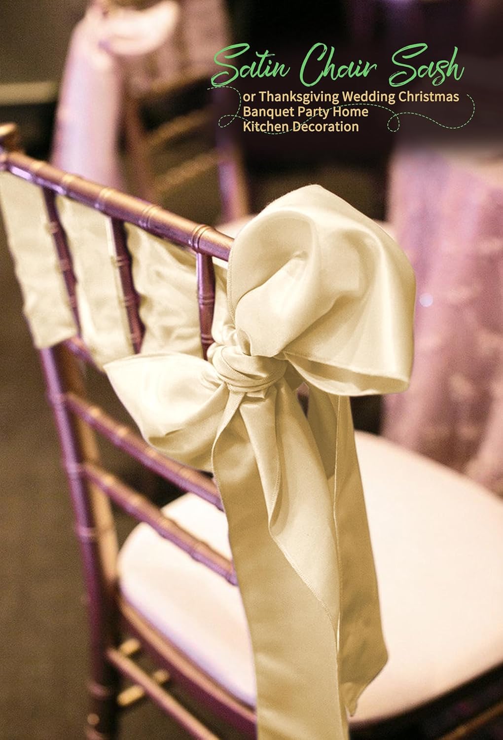 60 PCS Champagne Satin Chair Sashes, Ties Bows Designed Chairs Decorative, Chair Cover Sashes for Thanksgiving Wedding Christmas Banquet Party Home Kitchen Decoration (7 x 108 inch)