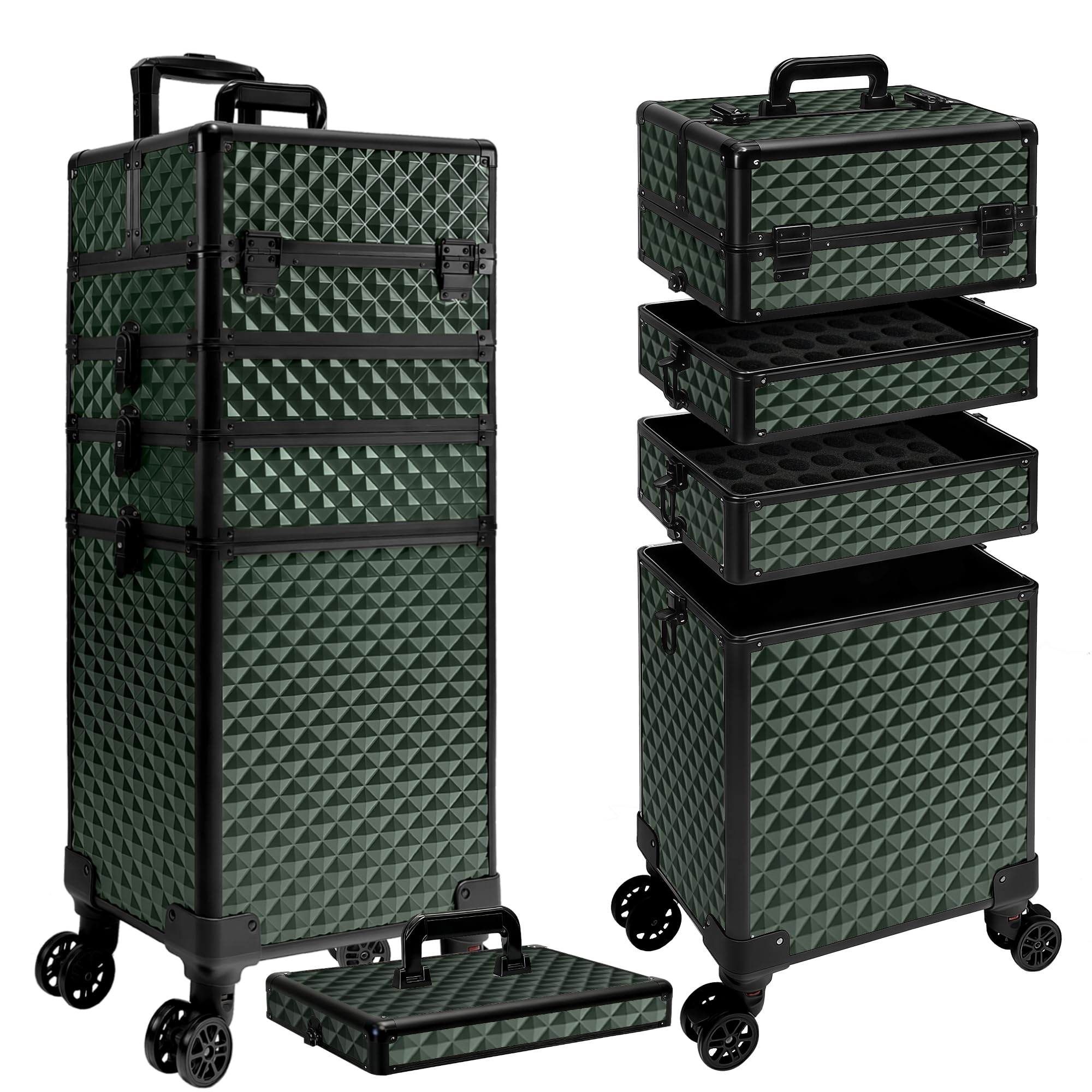 5 in 1 Rolling Makeup Train Case on Wheels Large Cosmetic Organizer Travel Cart for Women Beauty Salon Barber Hairstylist Green