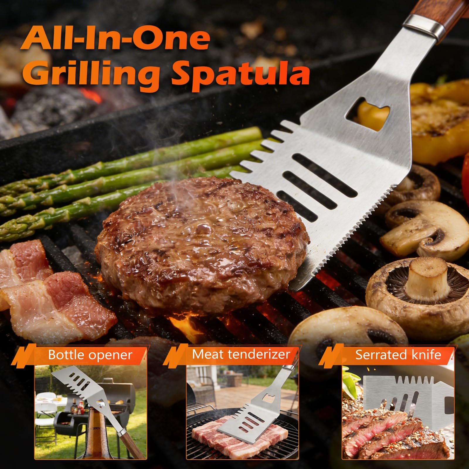 31Pcs Kit Barbecue Professionale, Set Barbecue Accessori in Acciaio Inox, Attrezzi BBQ Utensili Cucina con Spazzola per Barbecue e Termometro per Carne per Campeggio, Picnic e Barbecue all'Aperto