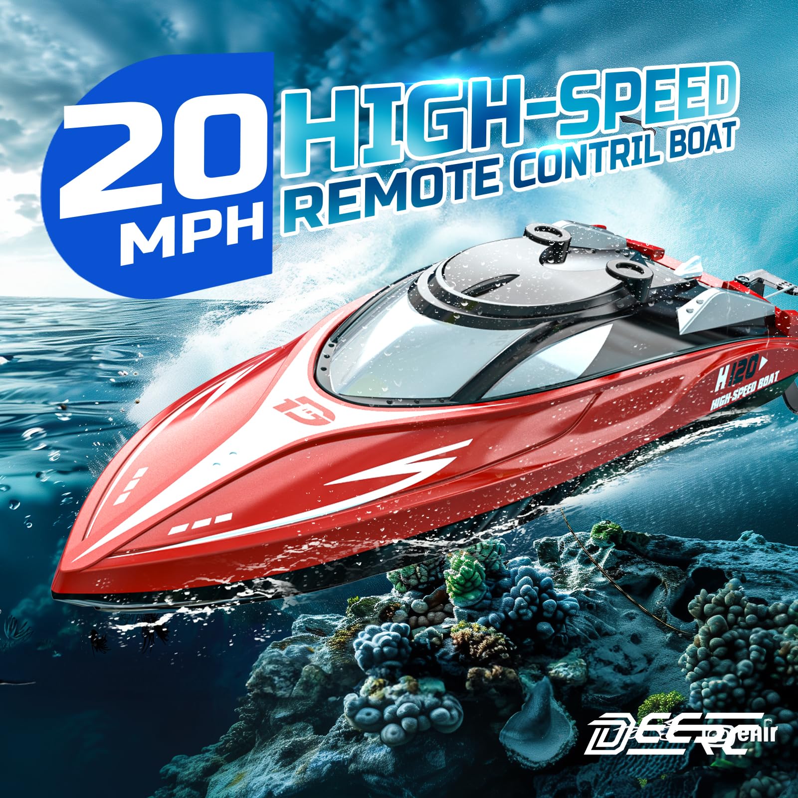 DEERC Szybka łódź RC H120 do basenów i jezior, 2,4 GHz 20+ MPH łódź wyścigowa dla dzieci i dorosłych z akumulatorem, alarm niskiego poziomu baterii, regeneracja wywrotka, prezenty dla chłopców i