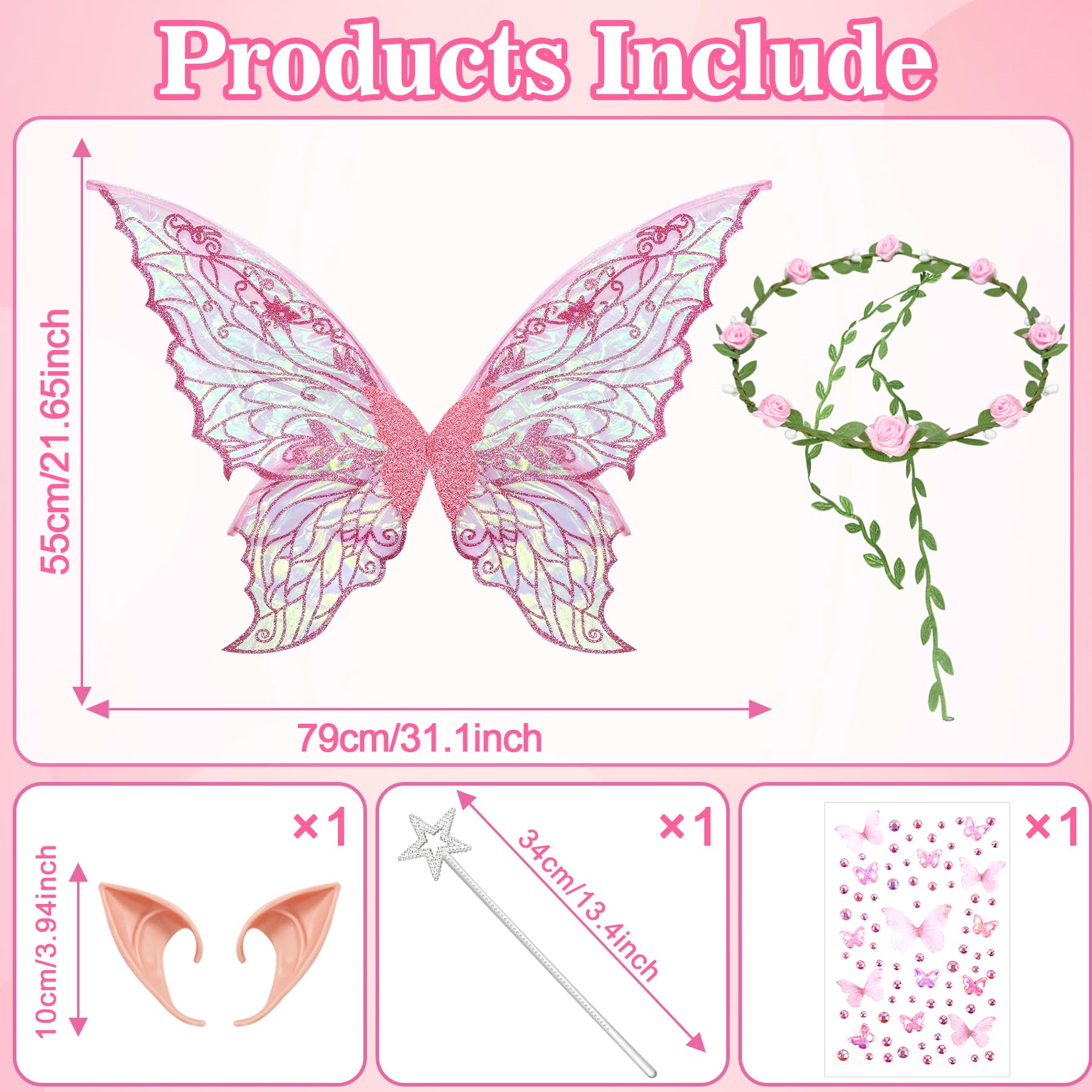 YeahBoom Children's fairy wings, butterfly wings with elf ears, fairy headband and star fairy wands, butterfly wings - Image 2