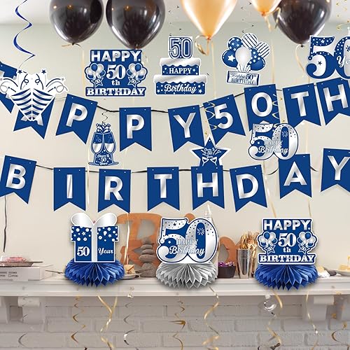 Miniatura 7 de Cartel de cumpleaños azul plateado con purpurina número 50, decoraciones de feliz cumpleaños de 50 años, pancarta colgante de espirales de abeja