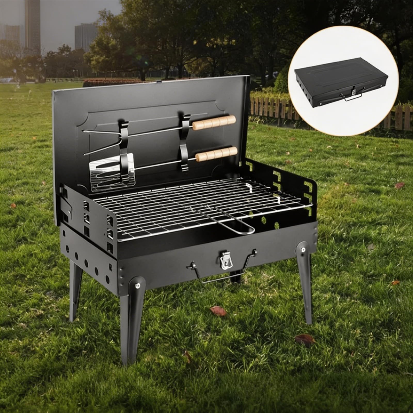 Barbecue Charbon de Bois Pliable Portable avec 3 Niveaux Réglables, BBQ Compact pour Jardin et Camping