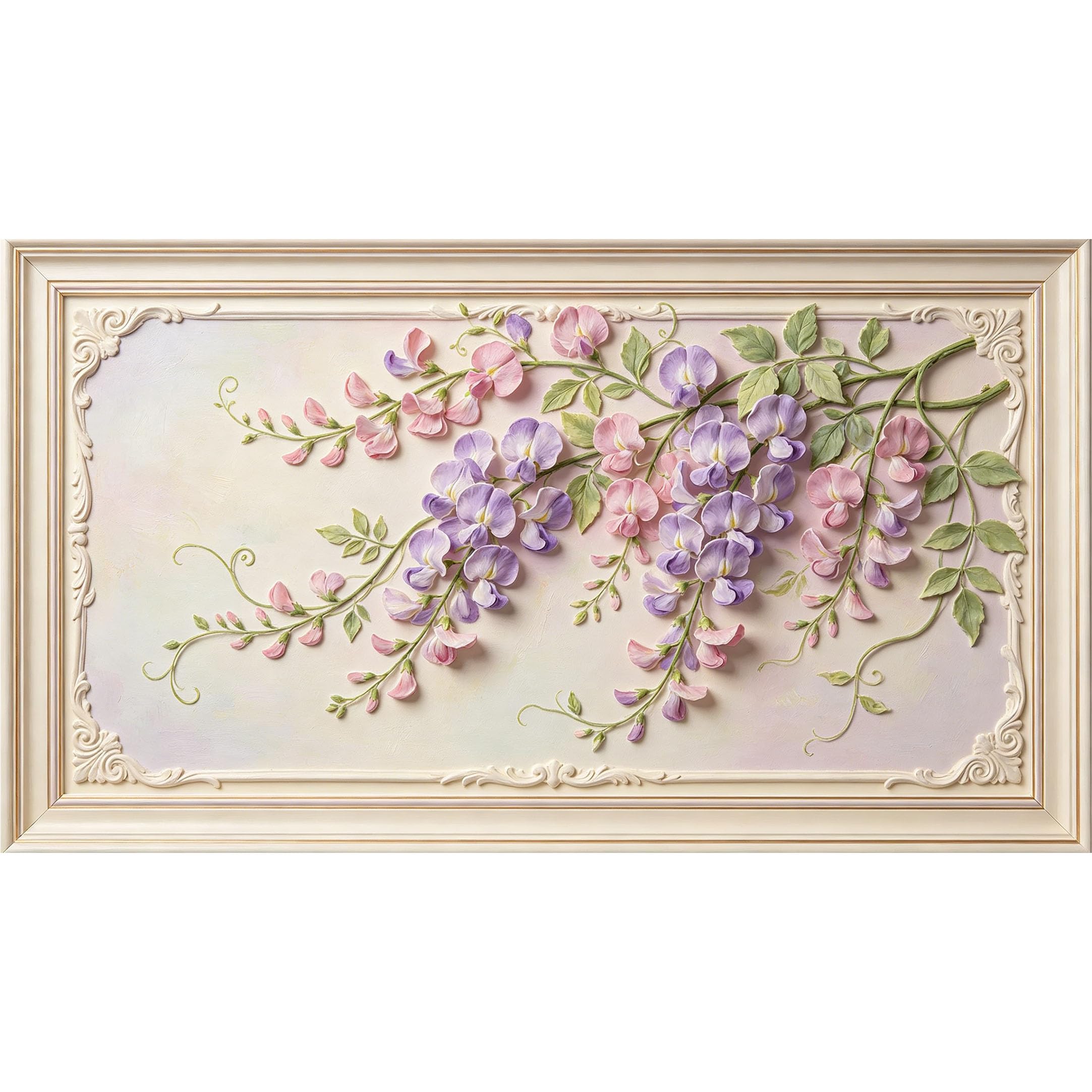 QZLITHOTIC 50x90cm3D Framed Wall Art， Botanical Floral Wisteria Bloom SelfAdhesive Mural， WaterActivated Peel & Stick Fabric Decor Wall Decal for Bedroom Living Room