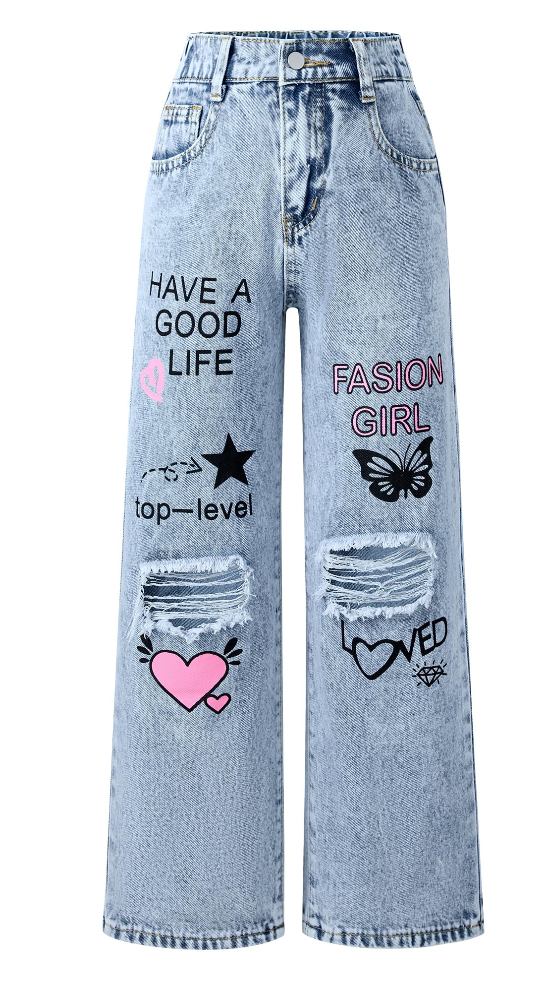 SEAUR Jeans Déchirés pour Filles Taille Haute Denim Jeans Y2K élastique Baggy Casual Ados Fille 5-14 Ans Trousers Pants