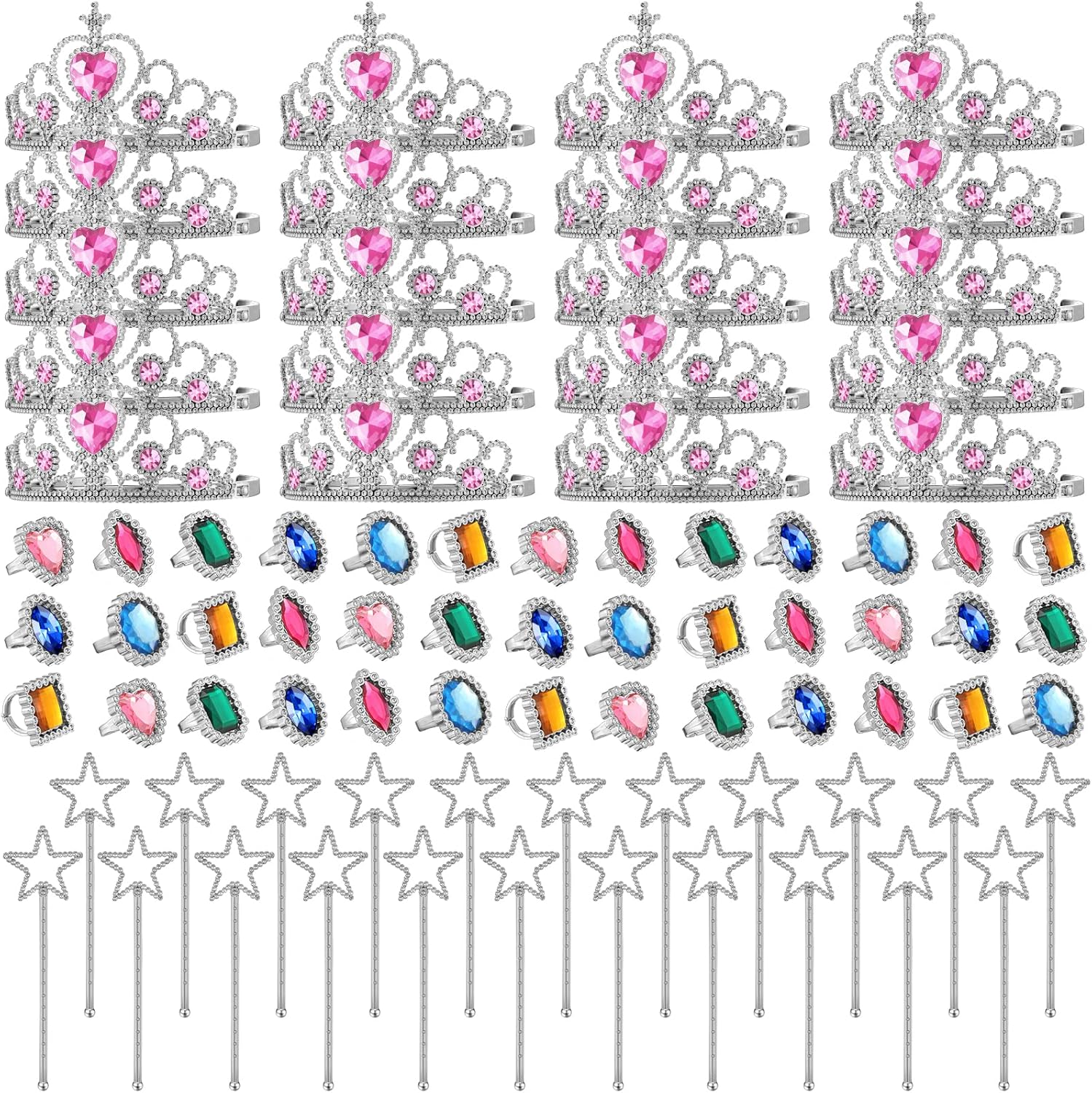 Yingzhao 96 Pcs Princess Pretend Party Costume Dress Up Play Set Includes 24 Crown Tiaras, 24 Star Wands, 48 Pcs Little Girl Jewel Rings, Princess Girls Party Favors Costume Play Set for Little Girls