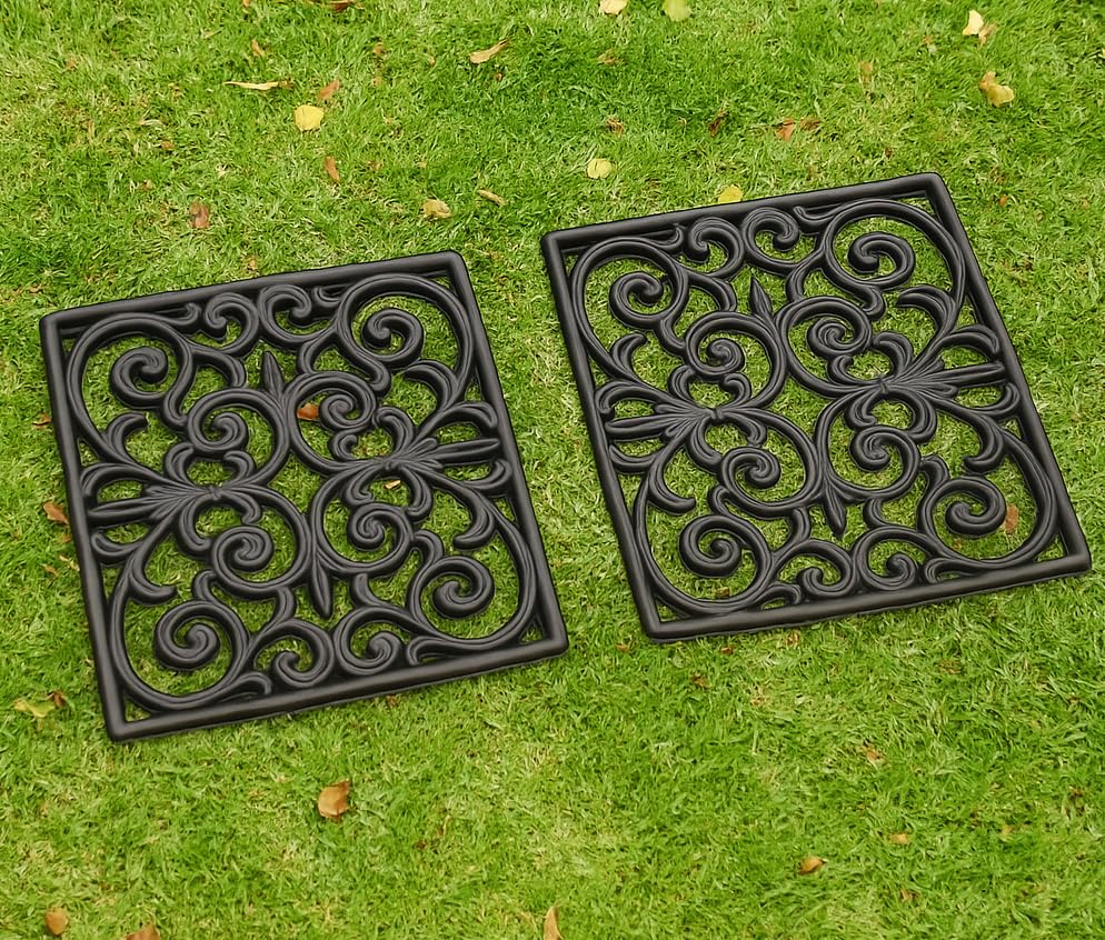 2x Decorative Rubber Stepping Stones 31cm Square - Non-Slip Garden Lawn Path Patio Outdoor Floor Tiles with Scrollwork Design - Durable Weather-Resistant Stepping Pads Set of 2