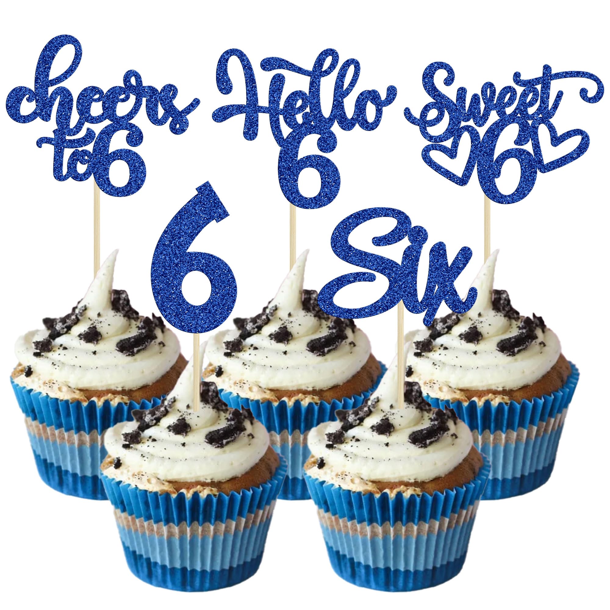 30Pcs 6th Birthday Cupcake Toppers Glitter Six Hello 6 Cupcake Picks Cheers to 6 Years Old Cake Decorations for 6th Birthday Party Supplies Deep Blue