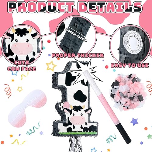 Miniatura 3 de Ferraycle Piñata número 1 de vaca pequeña para decoración de fiesta de primer cumpleaños, suministros de fiesta de cumpleaños de granja de vacas