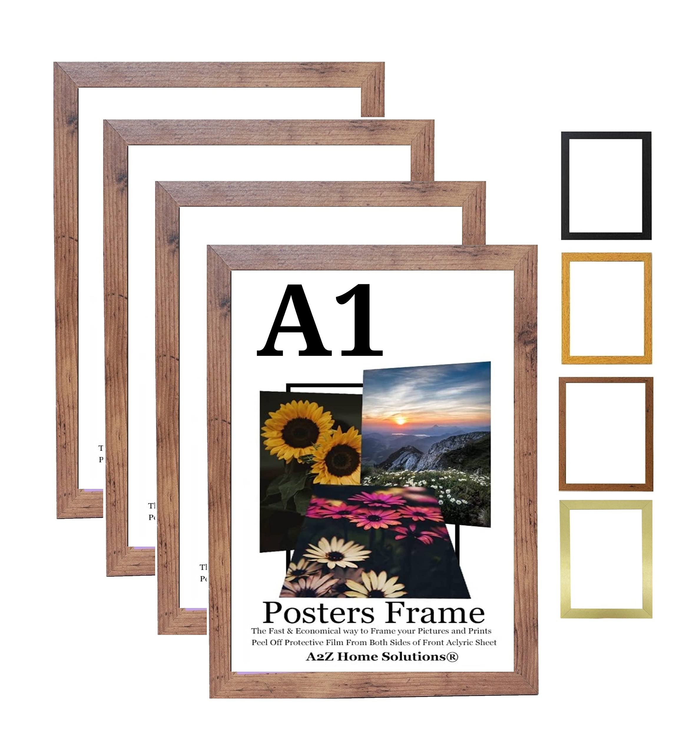 A2Z Home Solutions® Multipack Rustic A1 Poster Frames 59.4 x 84.1 cm With Safe Clear Perspex Front & Wall Mounting A1 Frames In Multiple Colors MDF Backboard Portrait or Landscape (4)