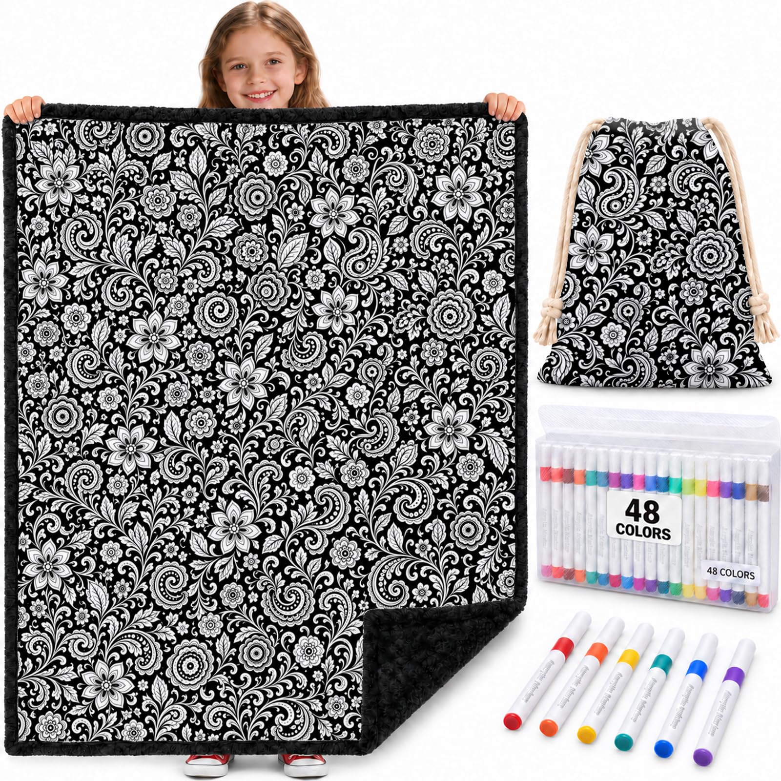 Colouring Blanket for Adults, 130 x 150 cm with 48 Acrylic Pens Floral