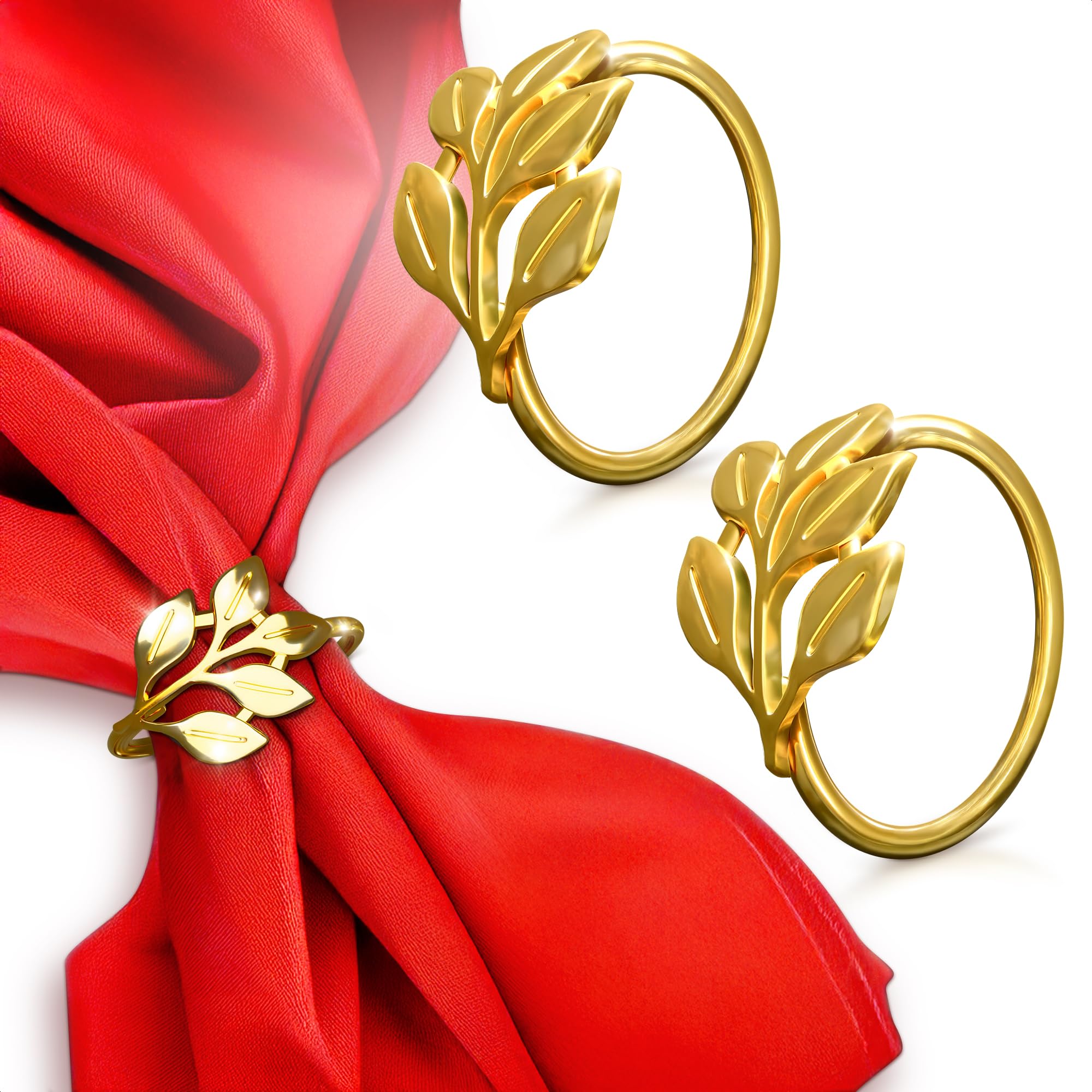 Valentine Gold Napkin Rings Set of 12 - Gold Leaf Napkin Rings Set | Elegant Design Napkin Ring Holders for Valentine Table Decorations, Festive Dinners & Special Occasions, Kitchen Gifts for Hosts