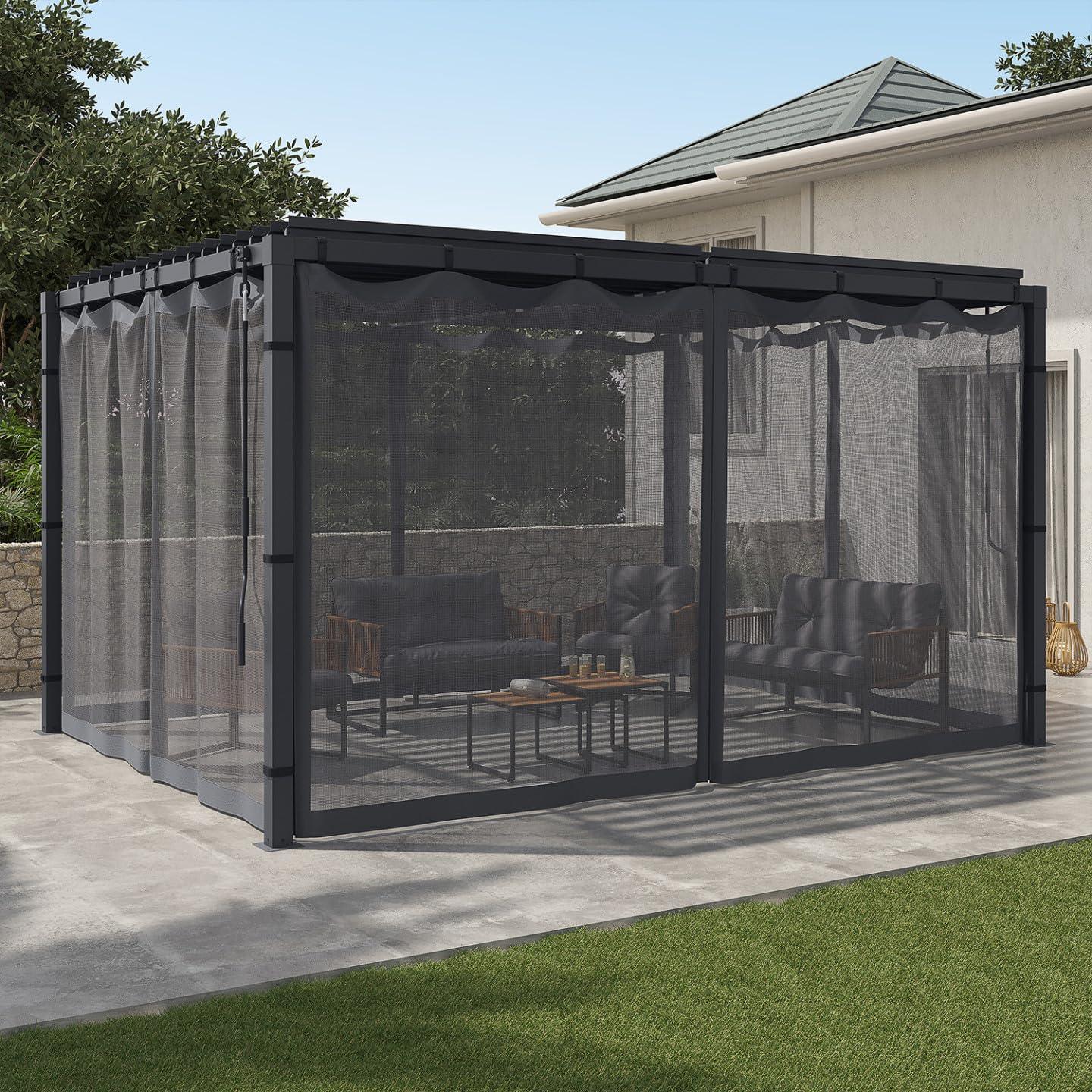 Set di 4 zanzariere per pergola bioclimatica 3x4 Grigio con Cerniera + Ganci