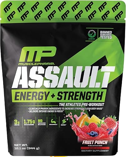 MusclePharm Assault Sport - Polvo de preentrenamiento con alta dosis de energía, enfoque, fuerza y resistencia, ponche de frutas, 30 porciones