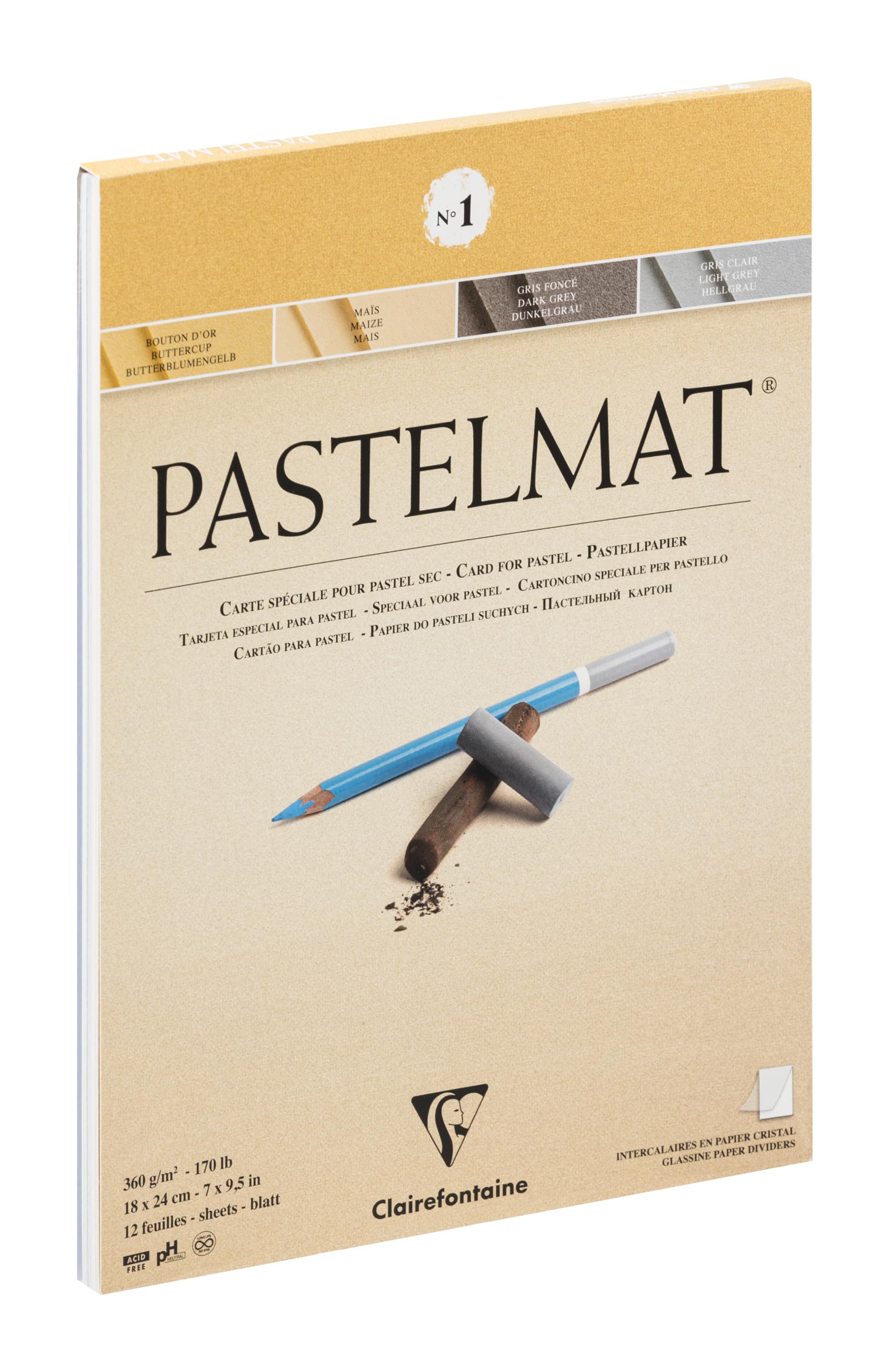Clairefontaine - Ref 96016C - Pastelmat Pastel Card Pad No.1 (12 Sheets) - 360gsm Card - 18 x 24cm - Assorted Colours - Specially Formulated For Use With Pastels