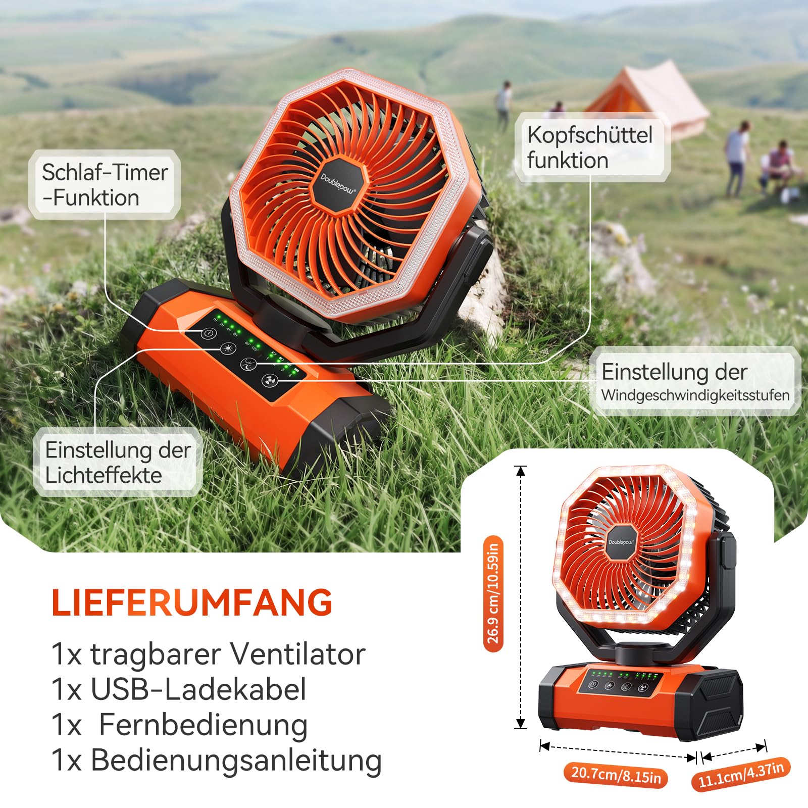 20000mAh Camping Ventilator, Aufladbare Akku Ventilator, Tragbarer Ventilators mit LED Licht, 120° Oszillierbar, mit Fernbedienung, Haken, USB Tischventilator, Geeignet Reisen, Picknick, Stromausfall