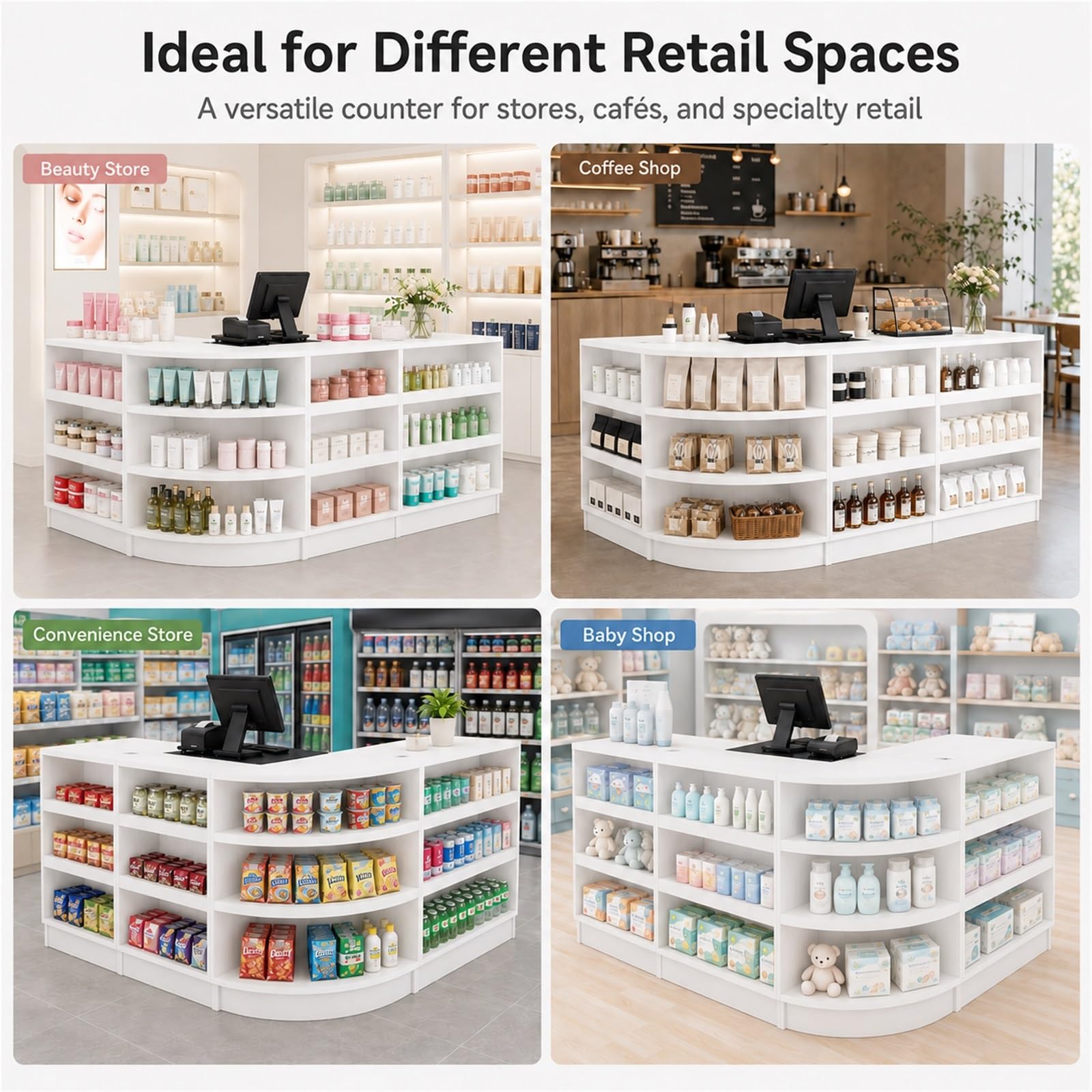 Bancone Cassa Modulare Bianco, Banco Reception con Ripiani, Spazio Contenitore