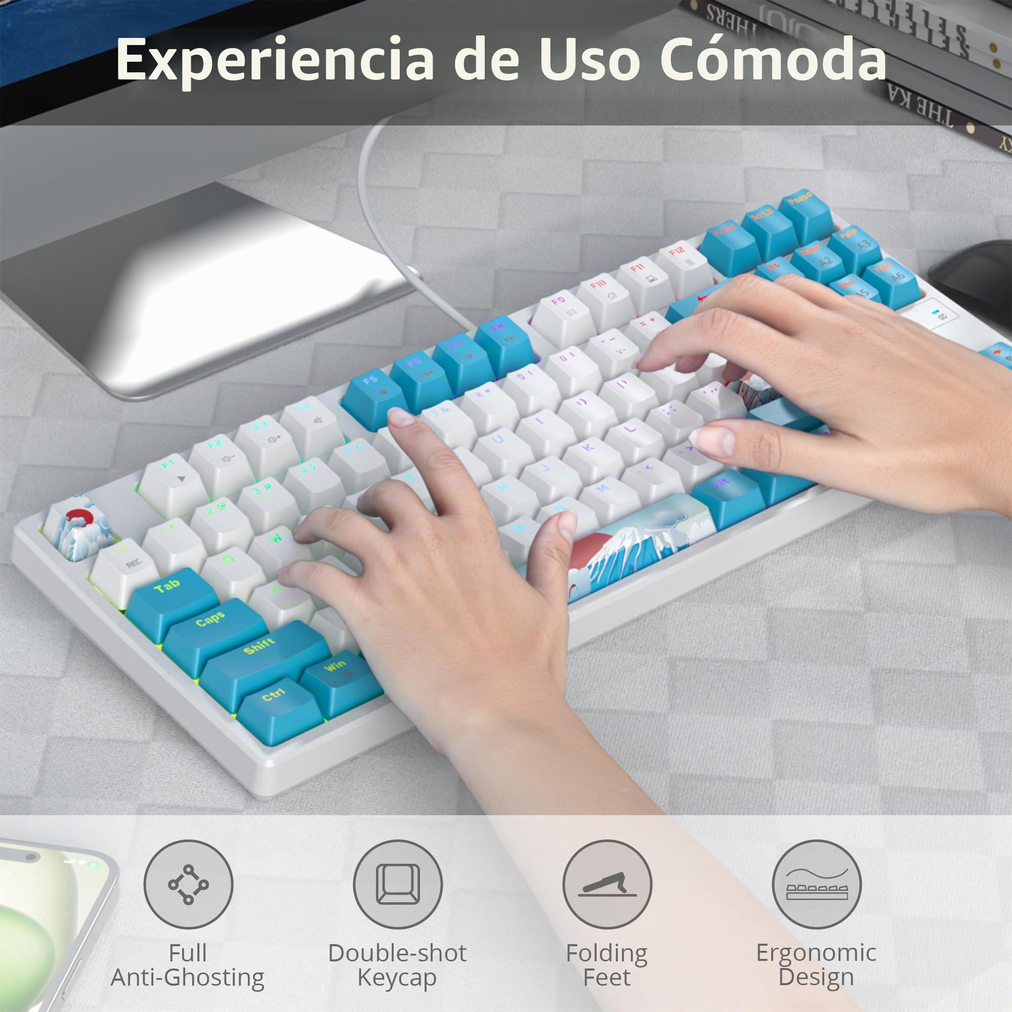 Teclado mecánico para Juegos, 75% Tenkeyless Teclado Gaming con Cable y sin Teclado Numérico, Iluminación RGB，Americano QWERTY