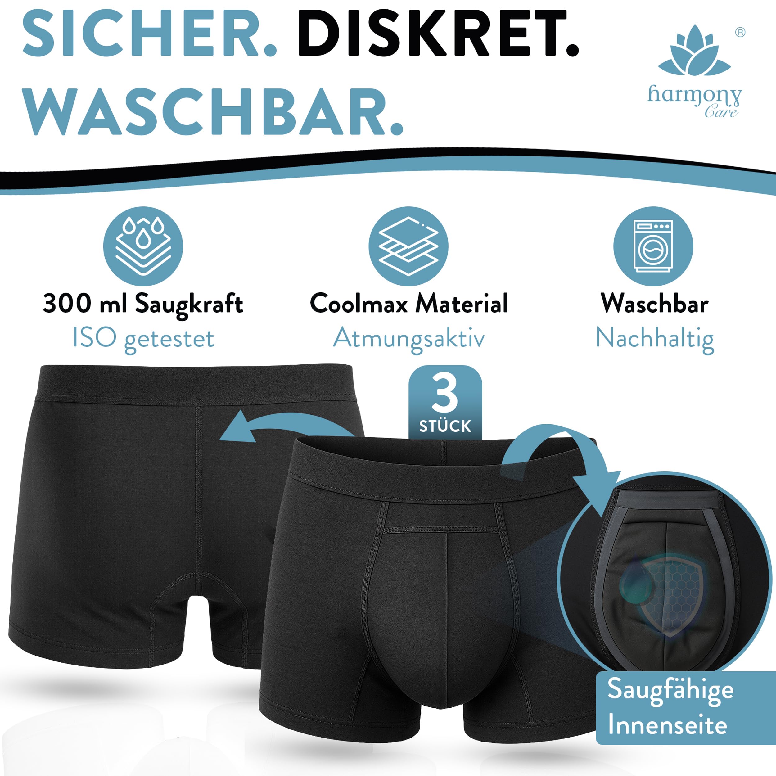 Harmony Care® 3x Premium waschbare Inkontinenz Pants Männer - extra auslaufsichere Unterhose bei leichter Blasenschwäche - diskrete Inkontinenz Shorts inkl. Waschnetz - Medium