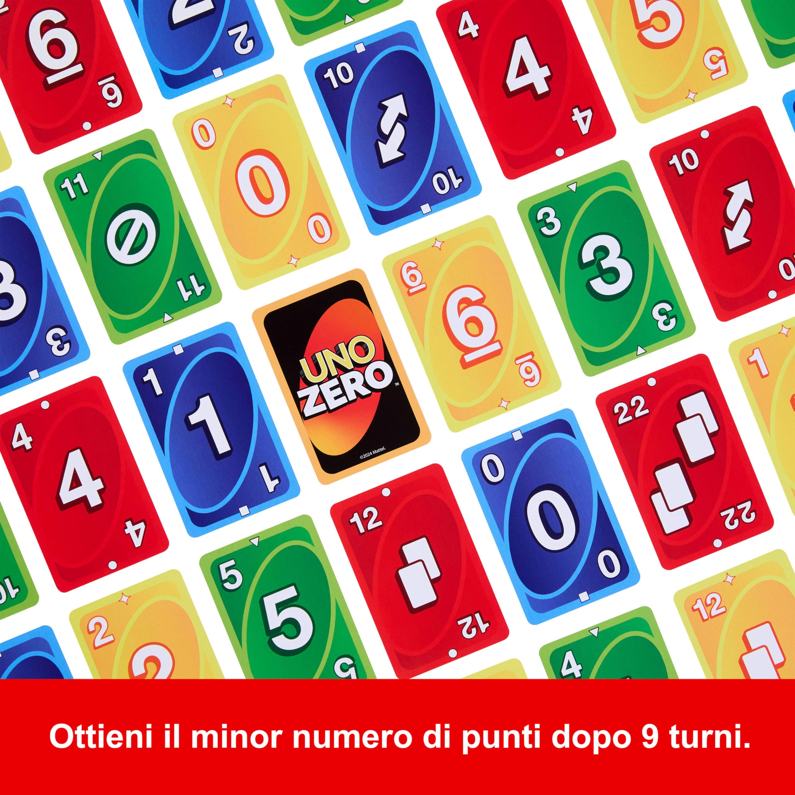 Mattel Games - UNO Zero, Nuova Versione dell'iconico Gioco in Scatola Colorata, Arriva a Zero e Vinci, Blocco segnapunti Incluso, 2-8 Giocatori, Giocattolo per Bambini, 7+ Anni, JLK16