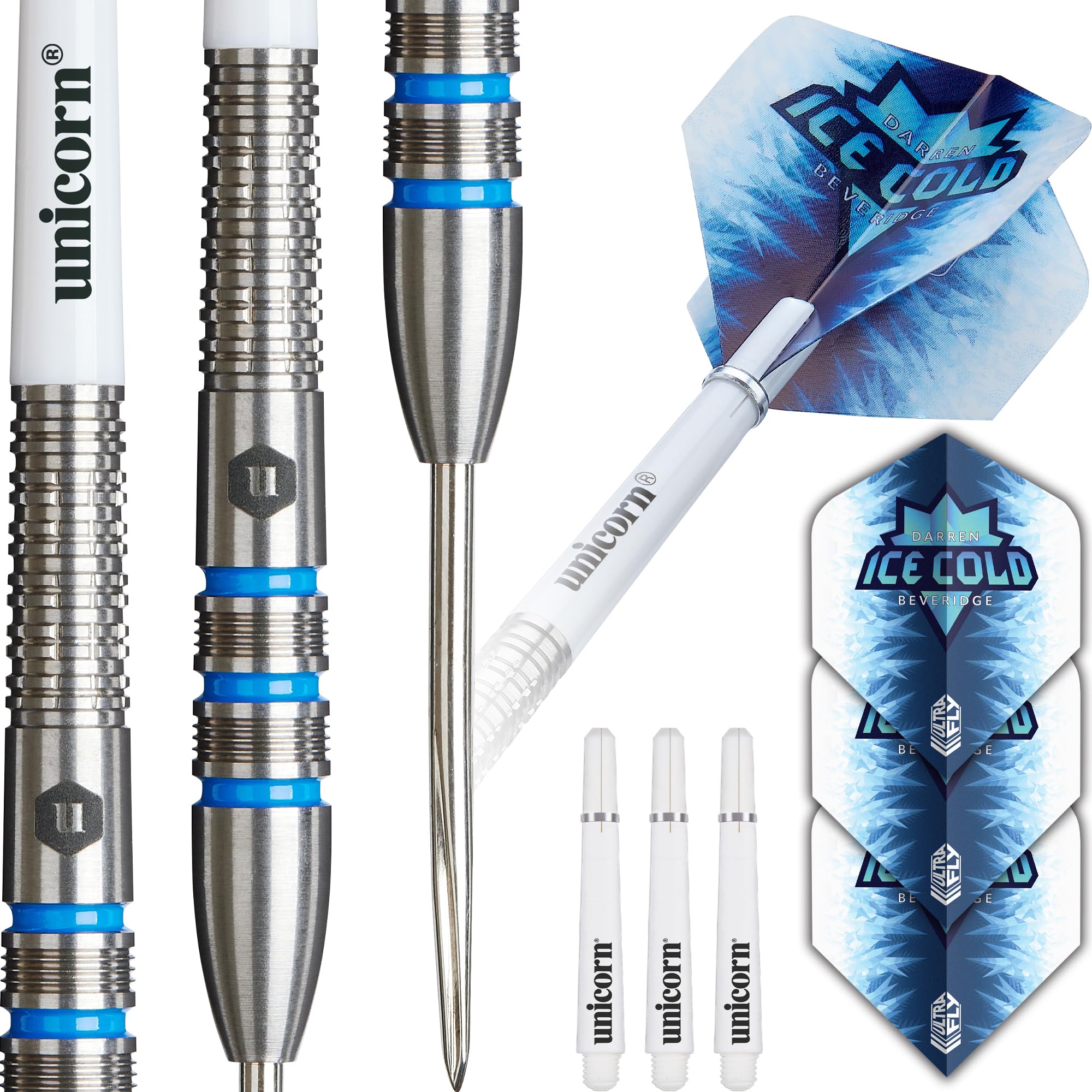 Unicorn Darts Set Contender | Darren 'Ice Cold' Beveridge | 90% Tungsten Barrels with Blue Accents & Intricately Machined Grip Rings | Durable Ultrafly Flights | Steel Tip Volute Points | 26 g