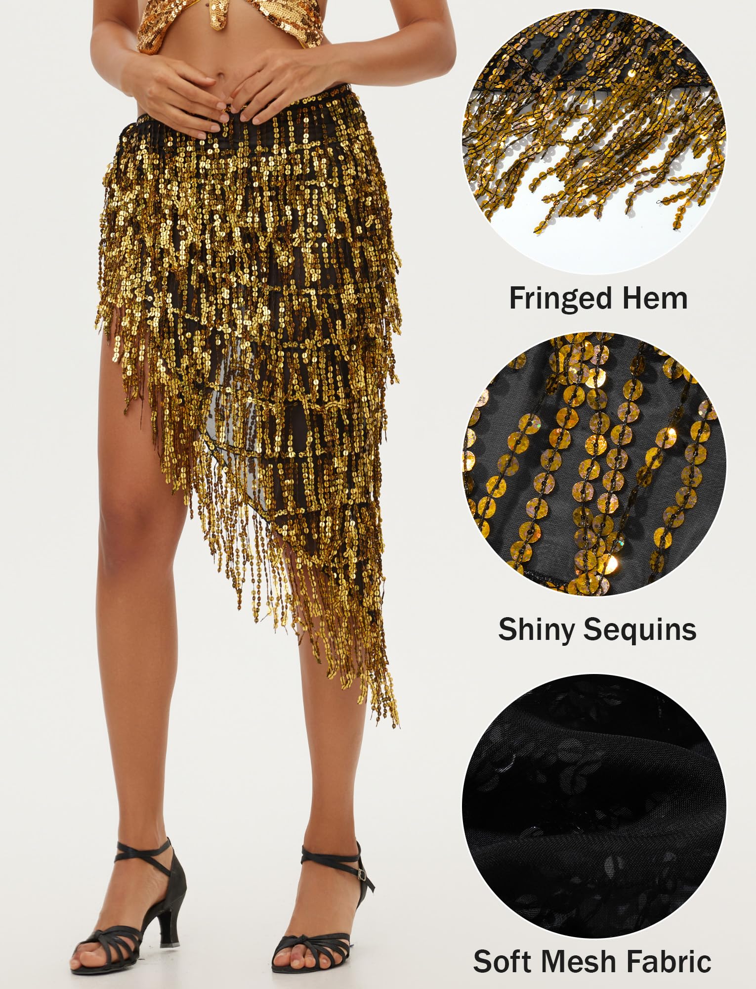 SEAUR Ceinture Danse Orientale Femme Sequin Foulard Danse du Ventre Hip Scarf Tassel pour Rumba Samba Chacha