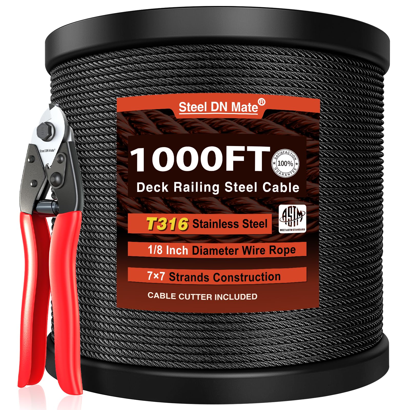 Steel DN Mate 1000ft Black Wire Rope 1/8 T316L