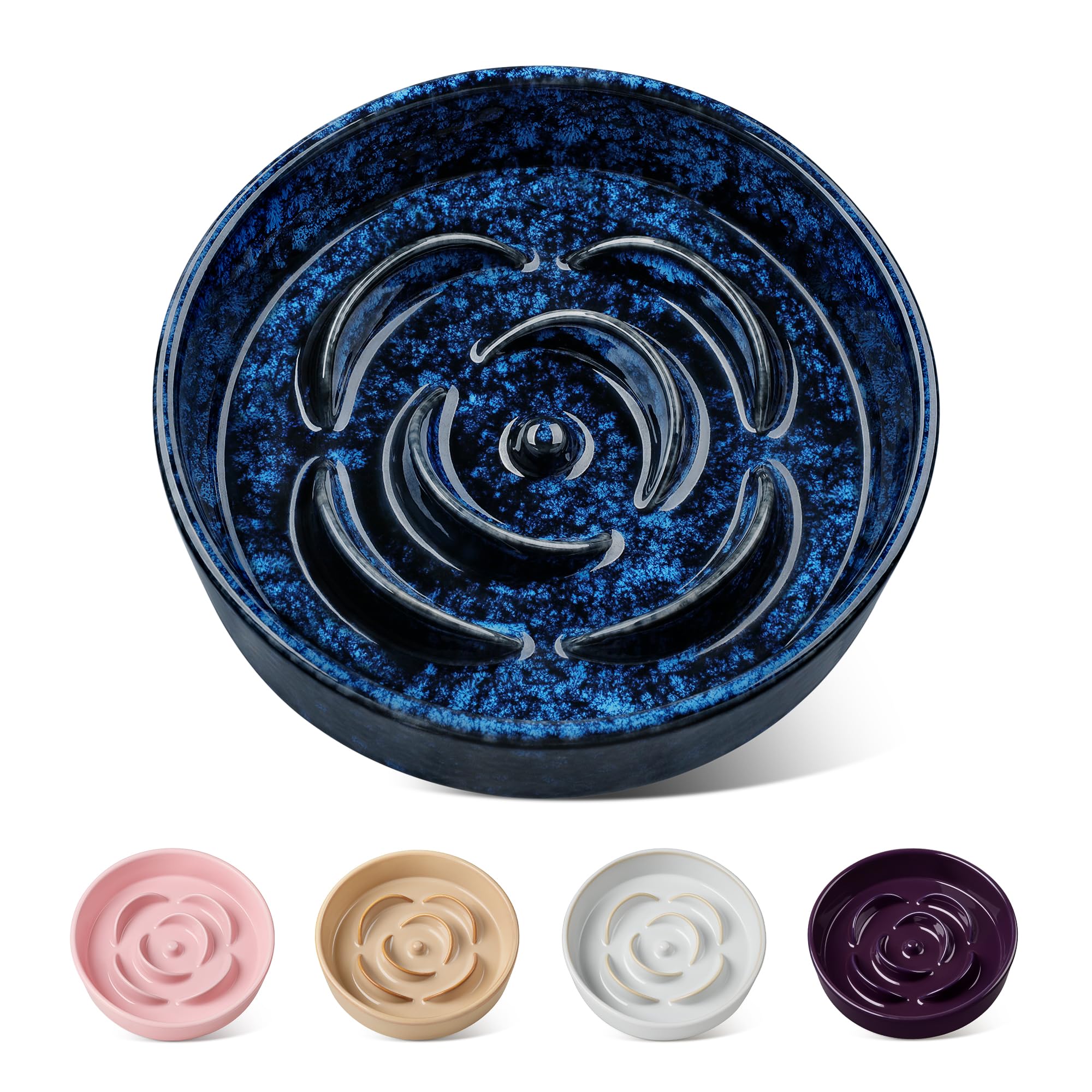 vancasso Flower Shaped Slow Feeder Dog Bowl 360ml Pet Bowl, Ceramic Puzzle Feeder for Small Dogs & Cats, Dishwasher & Microwave Safe, Ideal for Food and Water, Non-Slip & Tip-Proof; Blue; Small
