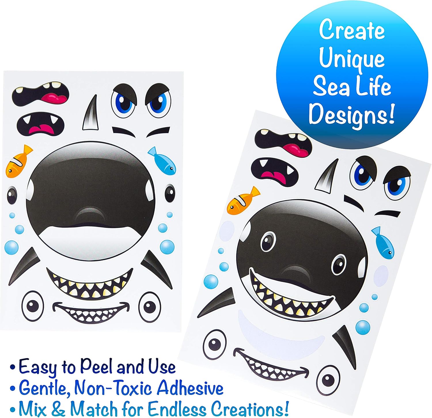Make A Big Sea Life ステッカーシート24枚 - シャチ、ザトウクジラ、イルカ、ホオジロザメのステッカー - 人魚