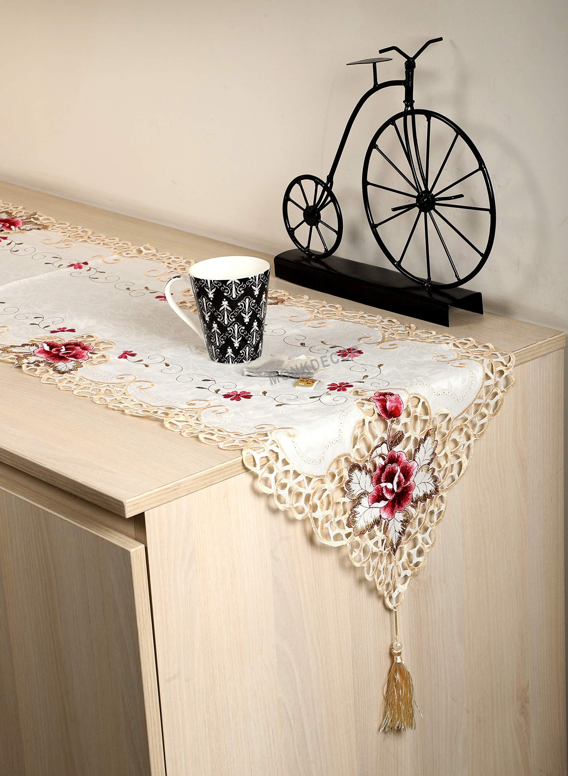 MONKDECOR Tissue Embroidery Floral Design Dining Table Runner (Size-15x70 Inches) Design-Pink Flower