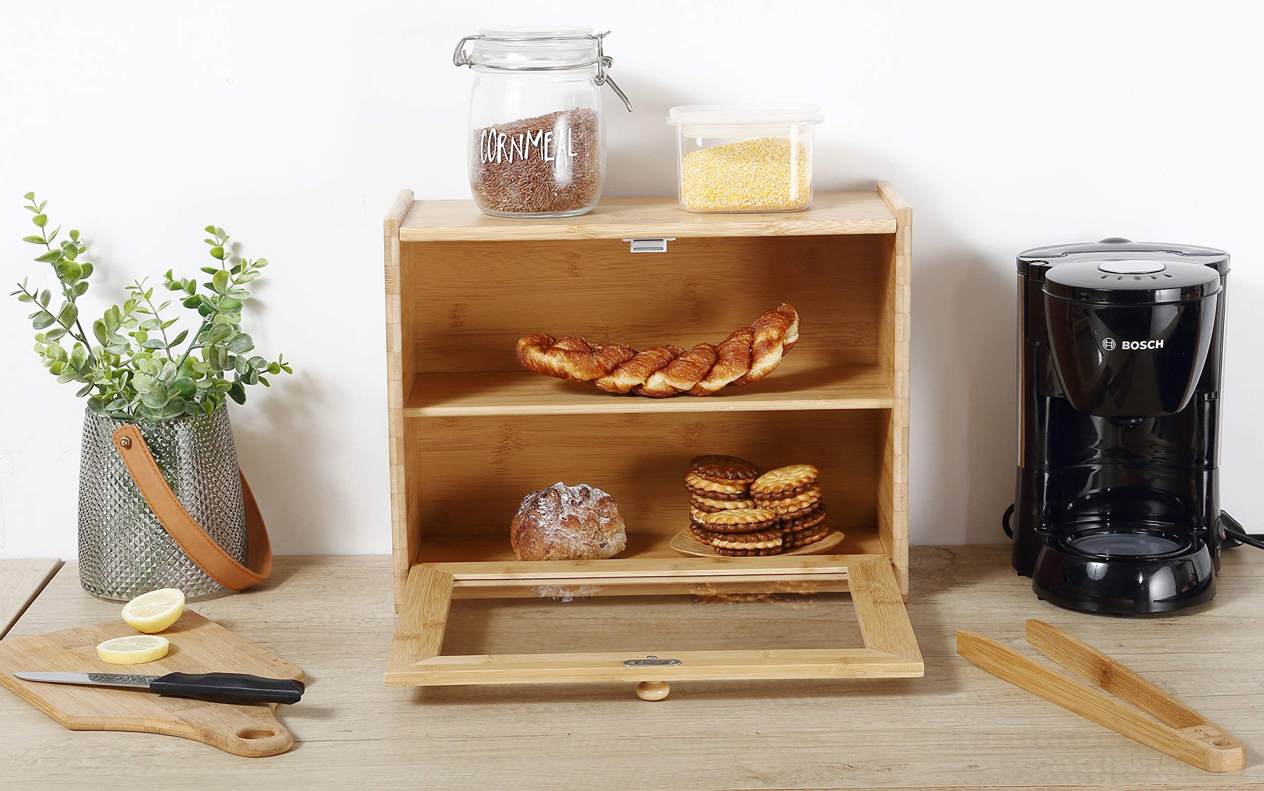 Bamboo 2 tier Bread Box Kitchen Food Storage Bin Countertop Shelf