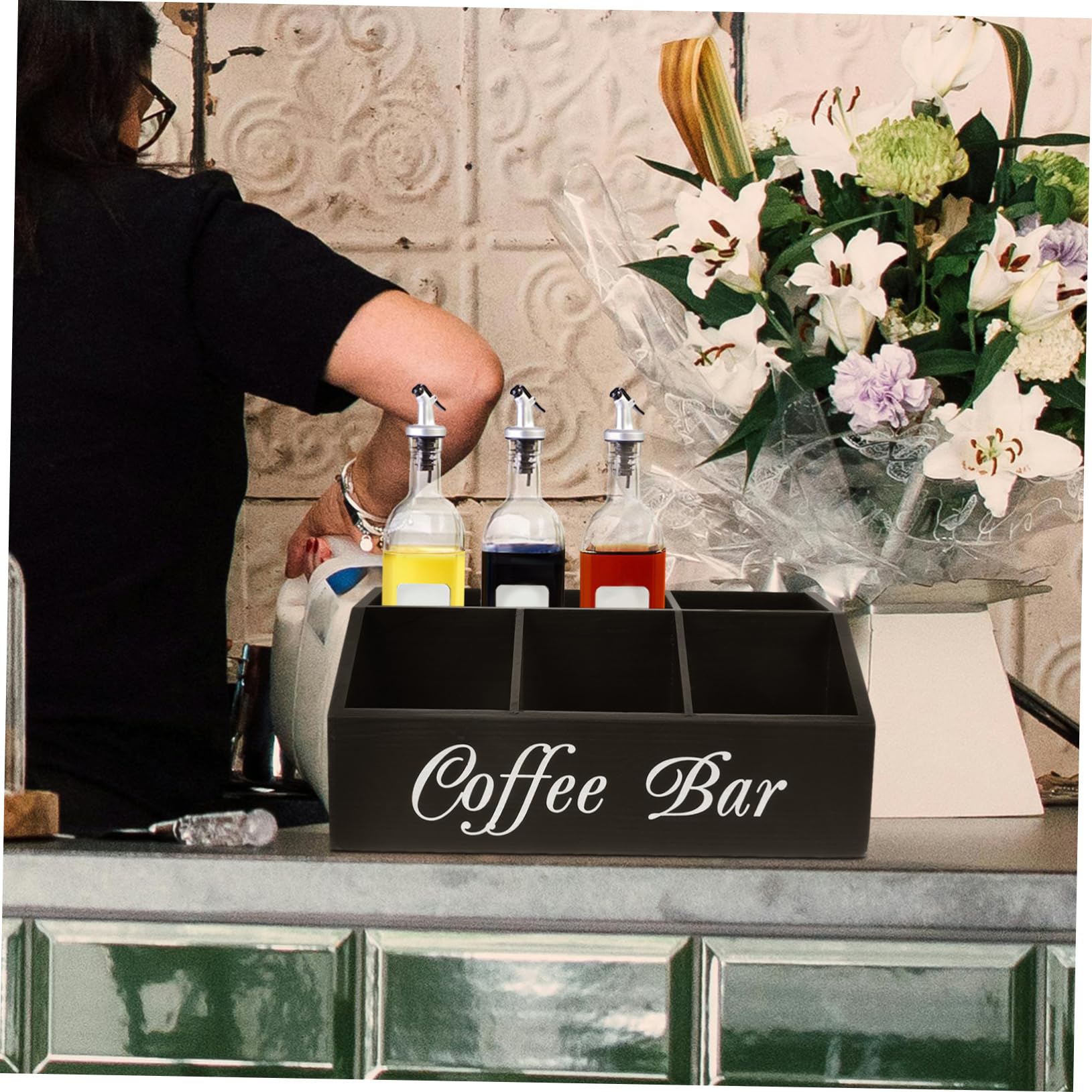 Kaffee-organizer-station Aus Holz Für Kaffee Und Tee Zubehör Aufbewahrungsbox Mit Strohhalme Und Taschentuchbox Multifunktional