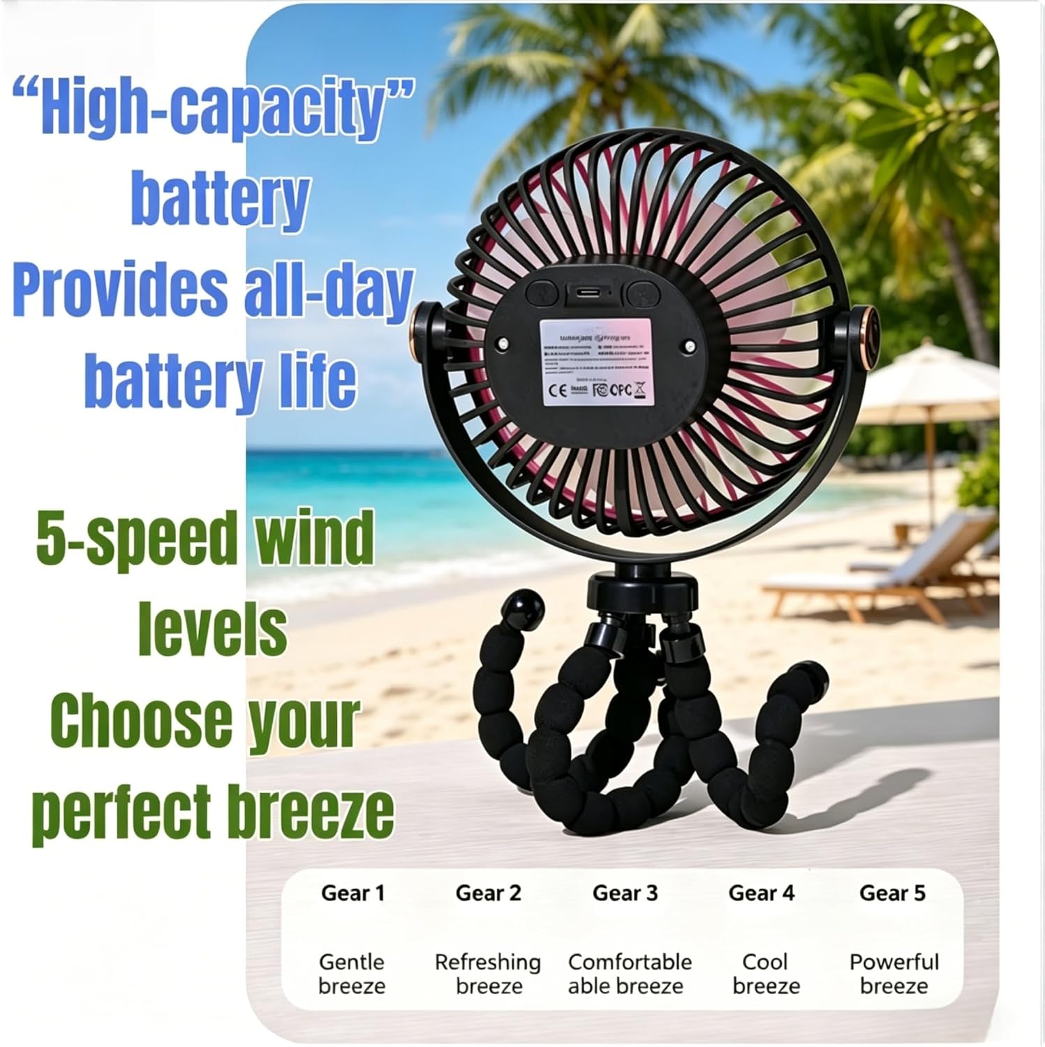 Large 6.7Inch Clip-on Stroller Fan, 5-Speed Portable Mini Fan with Flexible Tripod, 360° Rotation, USB Rechargeable Personal Fan for Baby Stroller, Camping, Office, Outdoor (Pink, Large)