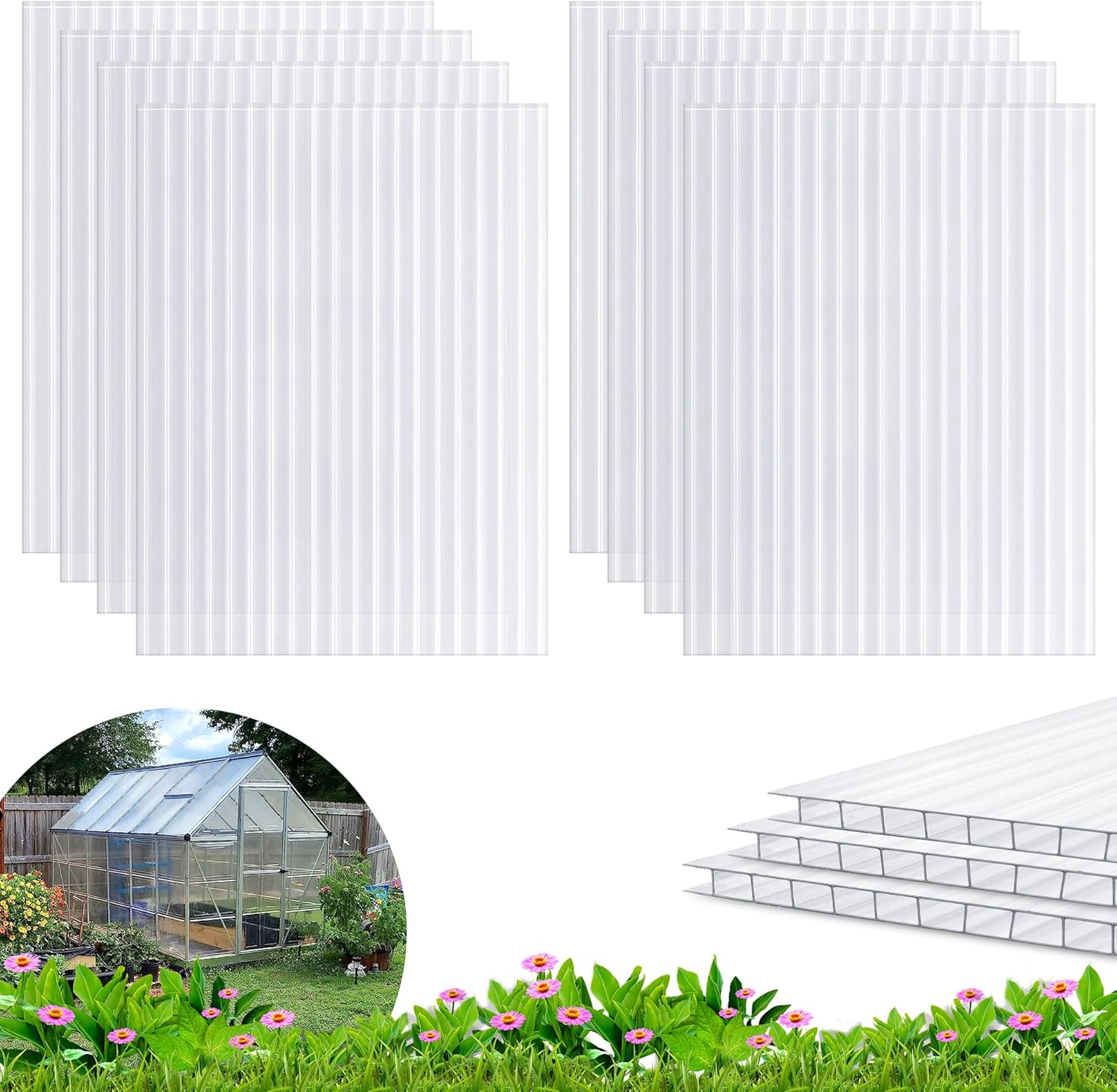 8 Pack 8' X 6' X 0.16'' Polycarbonate Greenhouse Panels, Waterproof UV Protected Clear Polycarbonate Sheets Twin-Wall Roof Panels, Corrugated Plastic Roofing Panels for Greenhouse Replacement