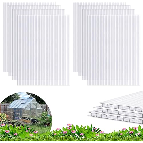 8 Pack 8' X 6' X 0.16'' Polycarbonate Greenhouse Panels, Waterproof UV Protected Clear Polycarbonate Sheets Twin-Wall Roof Panels, Corrugated Plastic Roofing Panels for Greenhouse Replacement