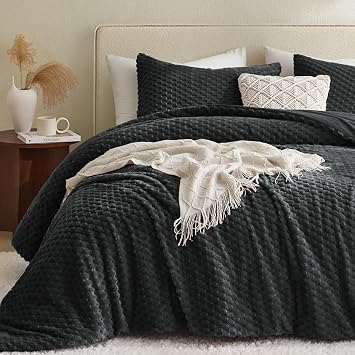 Petrichor Fluffy Twin Comforter Set - Ultra-Soft Black Flannel Thick Comforter for Queen Bed, Luxury Warm Bedding Set for Winter & Fall, Cozy Fuzzy Bed Set 2 Pieces 1 Comforter & 1 Pillowcase
