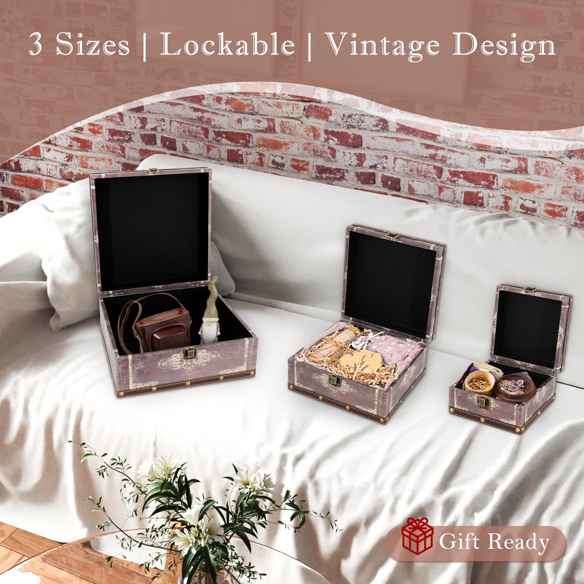 Jolitac Vintage Wood Storage Box Set Of 3 - Rustic Decorative Nesting Crates With Latch For Photos, Jewelry & Home Decor (Map Print)
