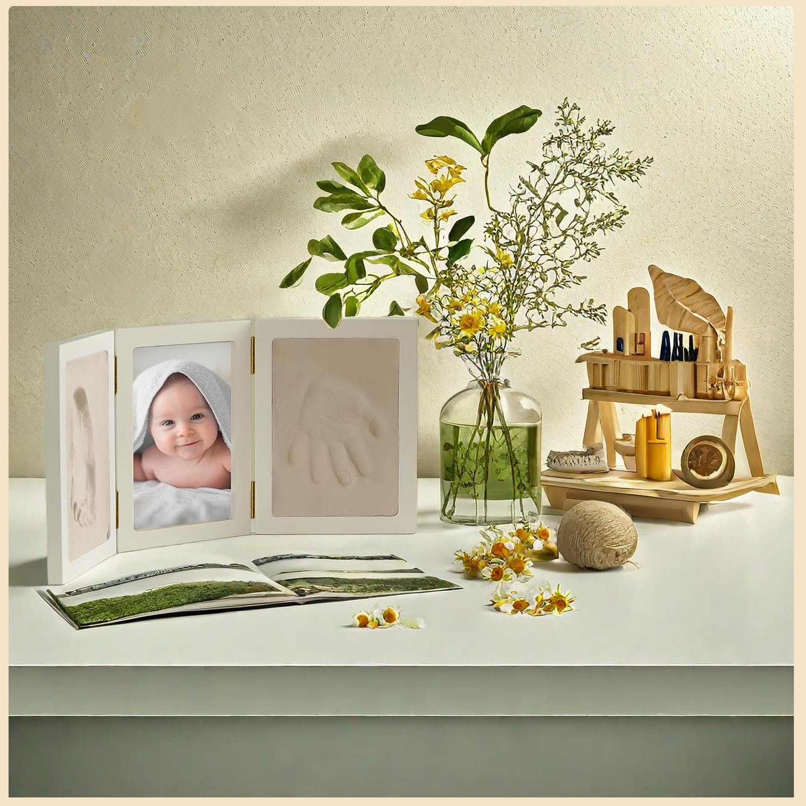 Manos y pies, kit de marco de huella infantil, conjunto de marco de impresión con molde de arcilla, marco de fotos de huella de bebé de madera para niños regalo de recuerdo de recién nacido