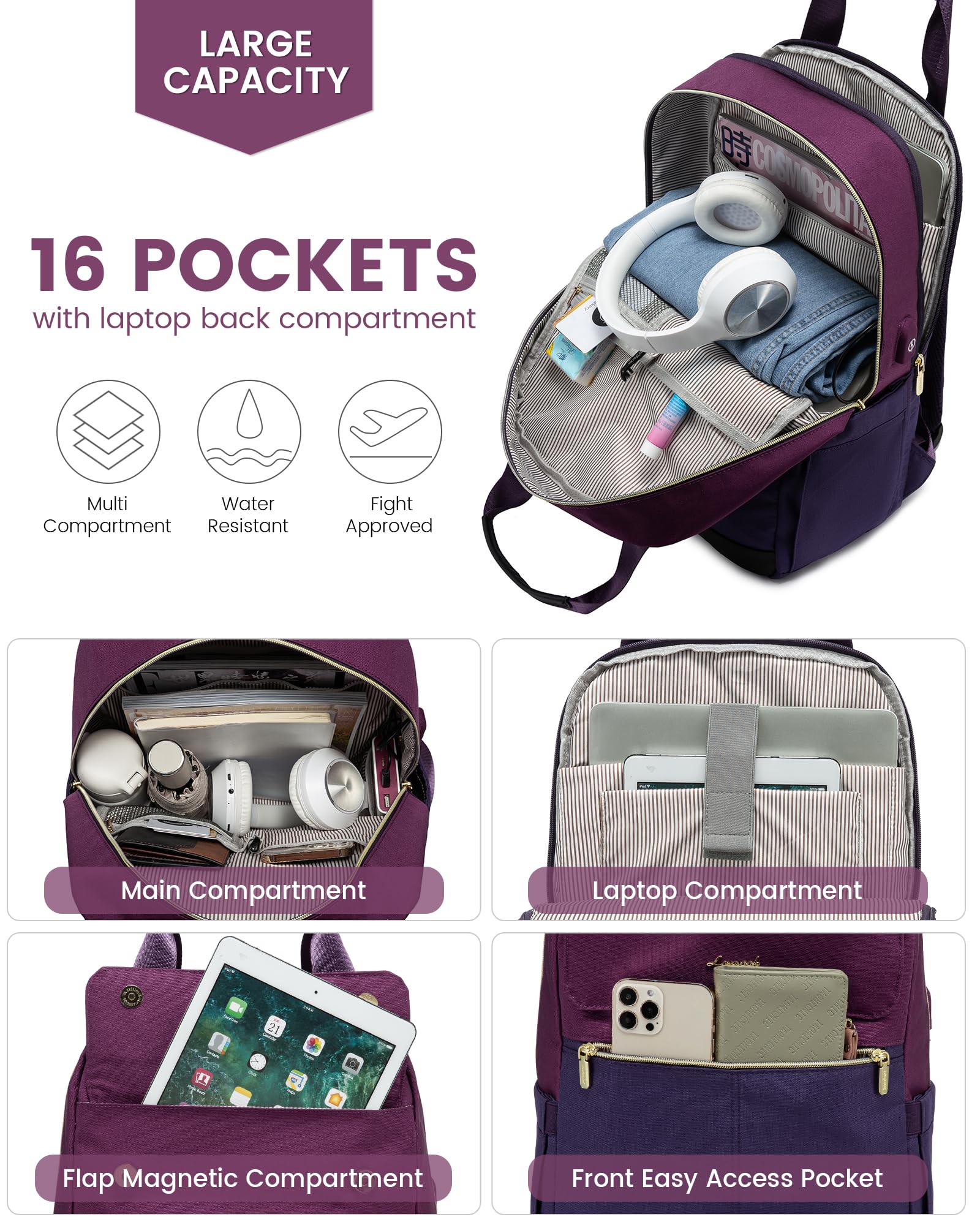 LOVEVOOK Zaino da donna, per la scuola, per adolescenti, ragazze, con scomparto per laptop, da viaggio, impermeabile, elegante, per università, viaggi, ufficio, Blu-Viola , 15.6", Casual