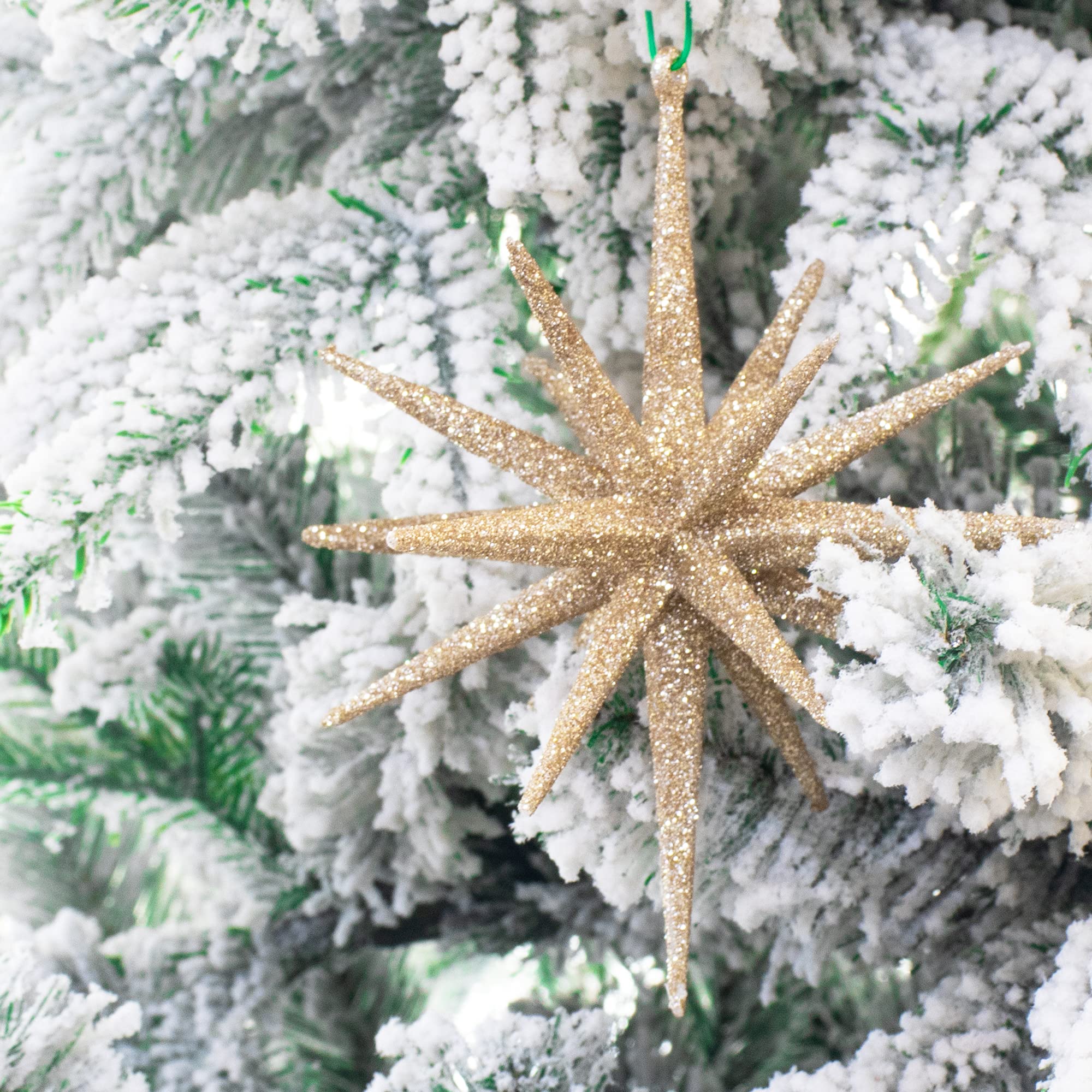 KI Store Adornos colgantes 3D de estrella de 15,2 cm, juego de 4 adornos de árbol de Navidad grandes con purpurina (oro champán)