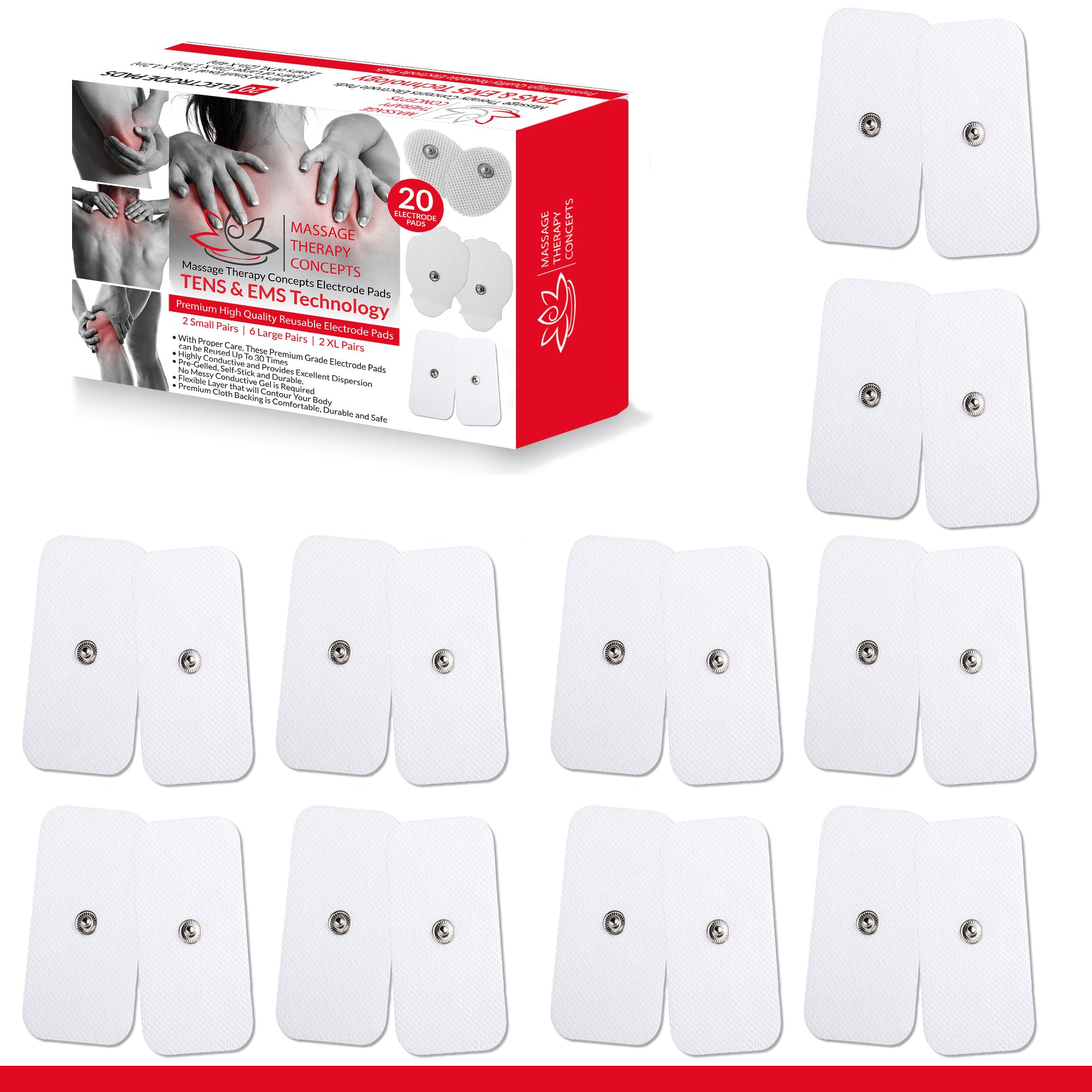 Massage Therapy Concepts TENS Unit Electrodes - Snap Electrode Pads for TENS EMS - Self Adhesive Reusable up to 30. (X-Large)