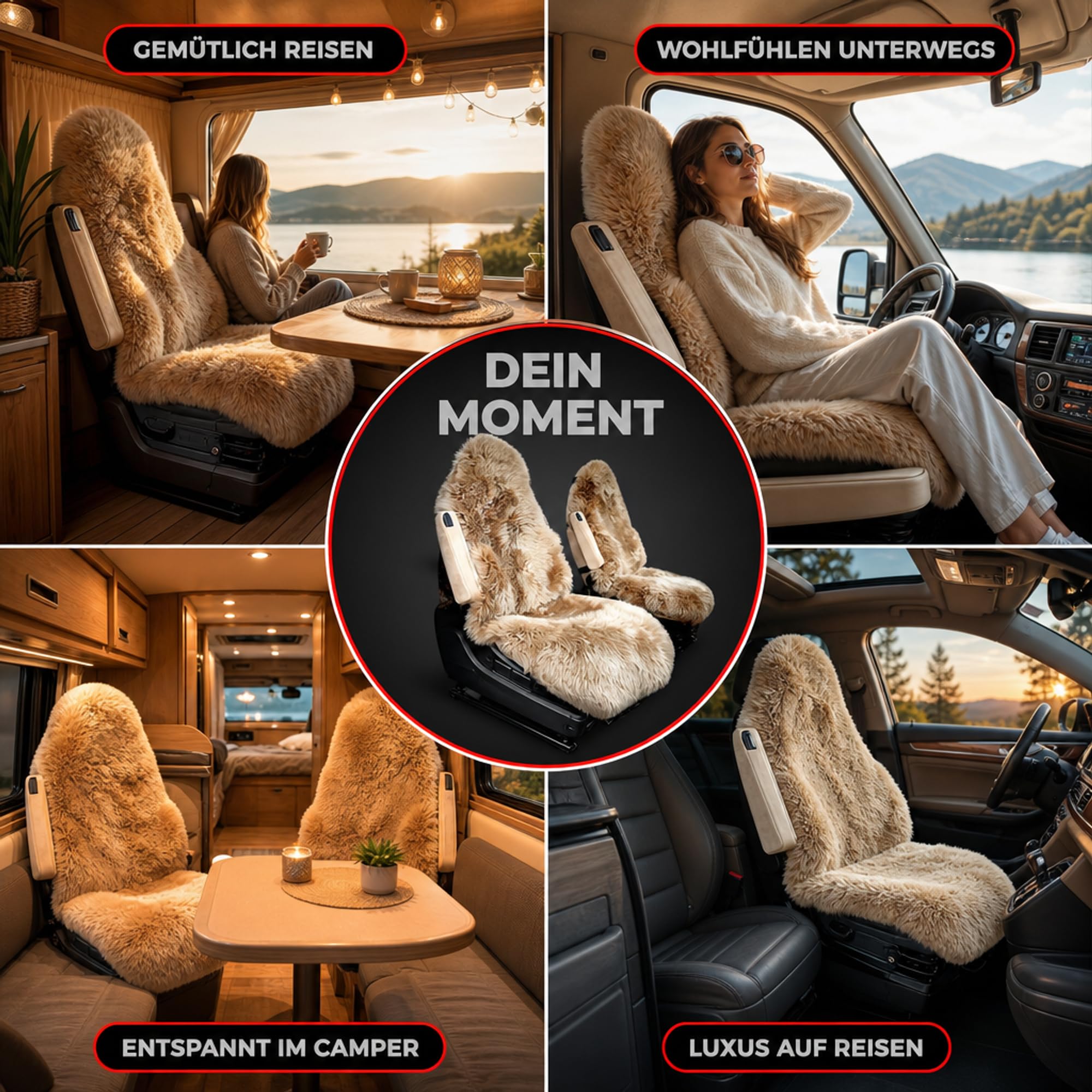 Coprisedile auto per camper e camper con schienale alto, in pelliccia di agnello naturale, universale, 135 cm, per sedili in tessuto (cammello)