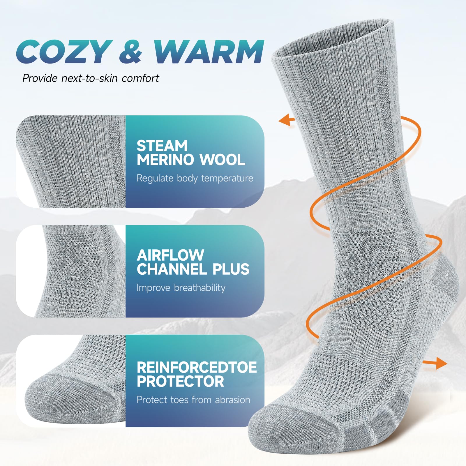 RUIXUE Herren-Wandersocken, Merinowolle, Wandersocken für Männer und Frauen, atmungsaktiv, feuchtigkeitsableitend, Sportsocken für Laufen, Trainer, Arbeit, Skifahren und Outdoor-Sport, 3 Paar, Grau-01