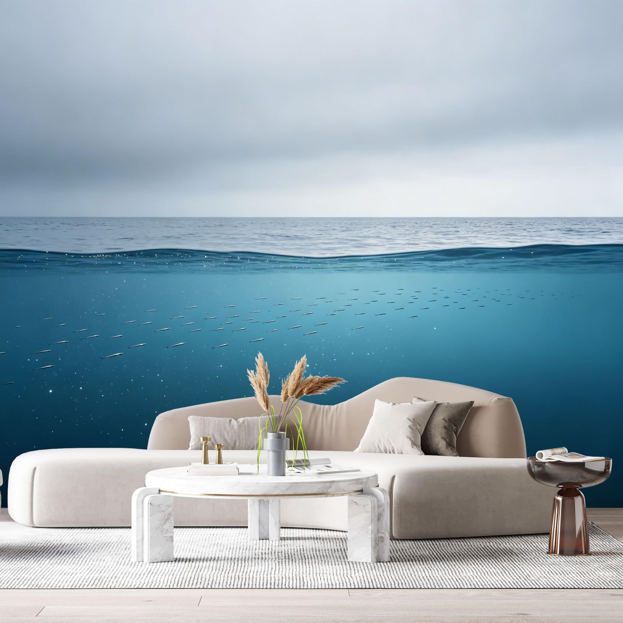 Custom Size Wall Murals Ocean Marine Minimalist Underwater School of Fish Horizon View SelfAdhesiveWall Fabric Removable Wallpaper Wall Decor for Living Room Bedroom Bathroom
