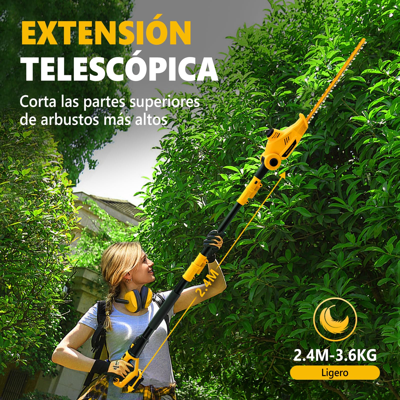 Alloyman 20V MAX Cortasetos inalámbrico telescópico, con 2 baterías de 4,0 Ah y Cargador, 2,4 m para Cortar arbustos