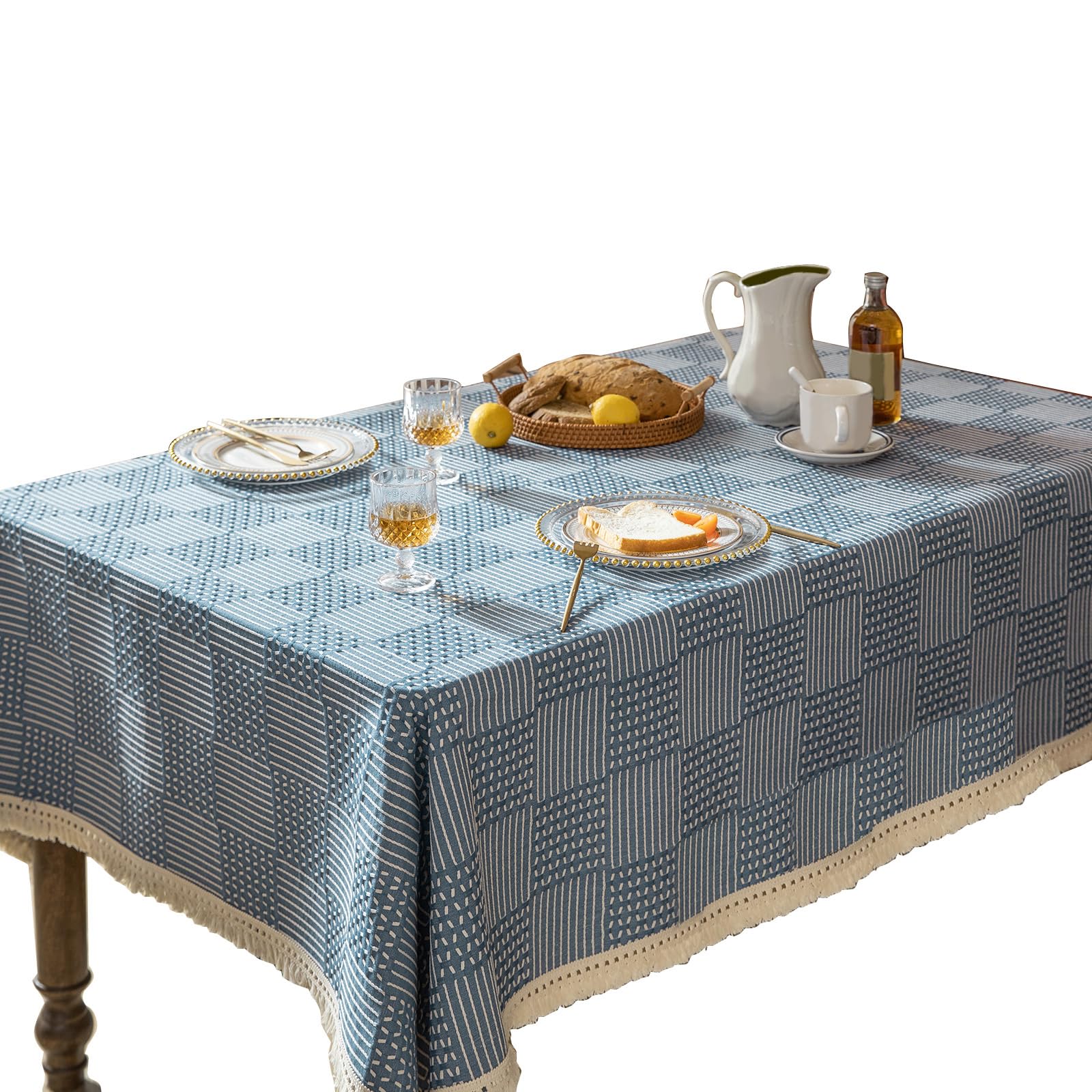 Jazuaiao Fringed Table Covers Stain Resistant Polyester Linen Texture Tablecloth Decors for Kitchen Dining Room Decorations Cotton Linen Look Polyester Tablecloth