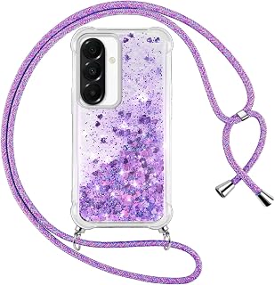 Vauki handyband für Samsung Galaxy A56 Hülle mit Band, Silikon Durchsichtig Transparent Flüssig Glitzer mit Kette Kordel Bumper Treibsand Necklace TPU Schutzhülle Case für Samsung Galaxy A56, Violett