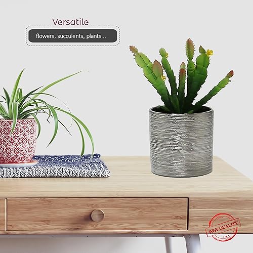 Miniatura 4 de WGVI Jarrón cilíndrico de cerámica grabada plateada de 6.5 pulgadas de ancho y 6 pulgadas de alto, arreglos florales, portavelas, maceta de