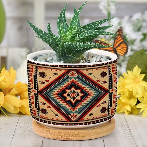 DreamAutumn Red Yellow and Blue Native American Southwestern Pattern Ceramic Planters Ceramic Pots with Saucers Orchid Pots for Plants Succulents Pots Home Office Desk Garden Balconys New Home Decor